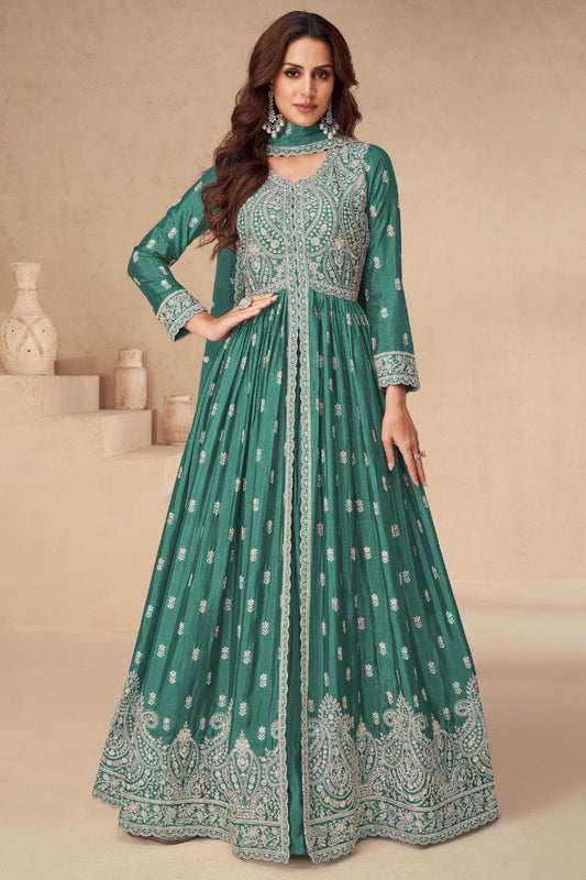Green Readymade Chinon Silk Skirt Suit-SS571_1_SareeButa.com