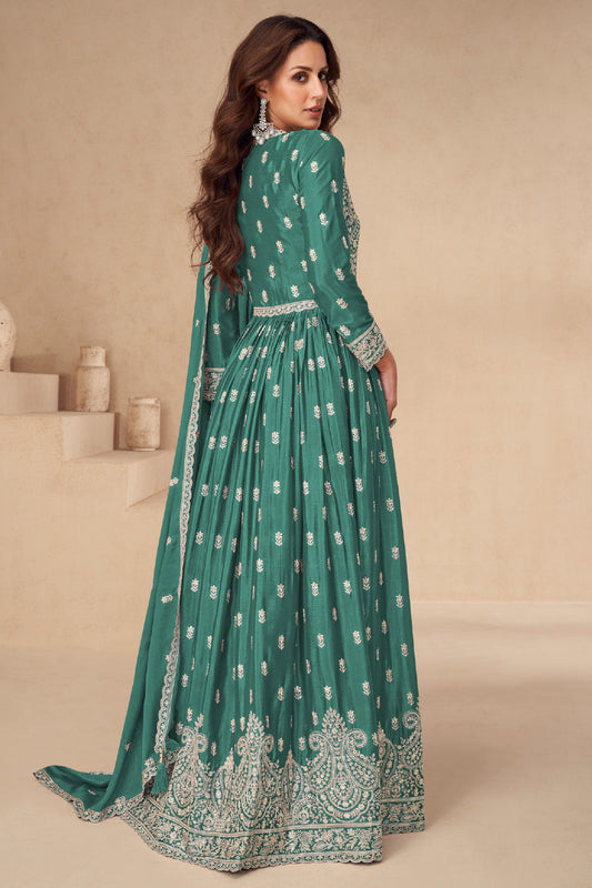 Green Readymade Chinon Silk Skirt Suit-SS571_2_SareeButa.com