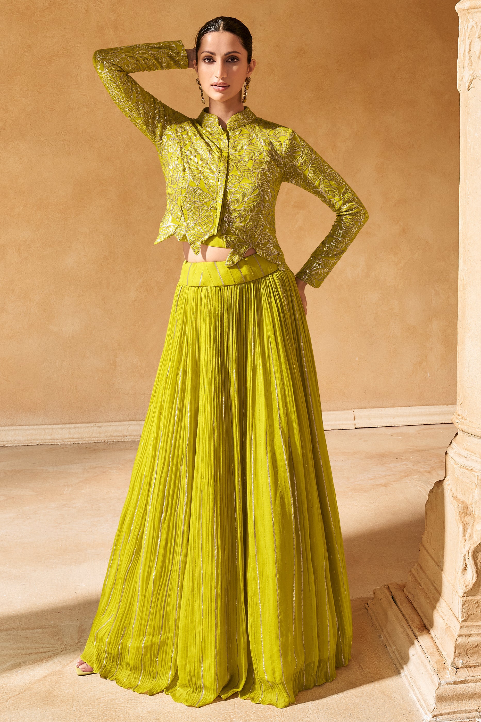 Green Readymade Chinon Skirt Set-SAR11995_1_SareeButa.com