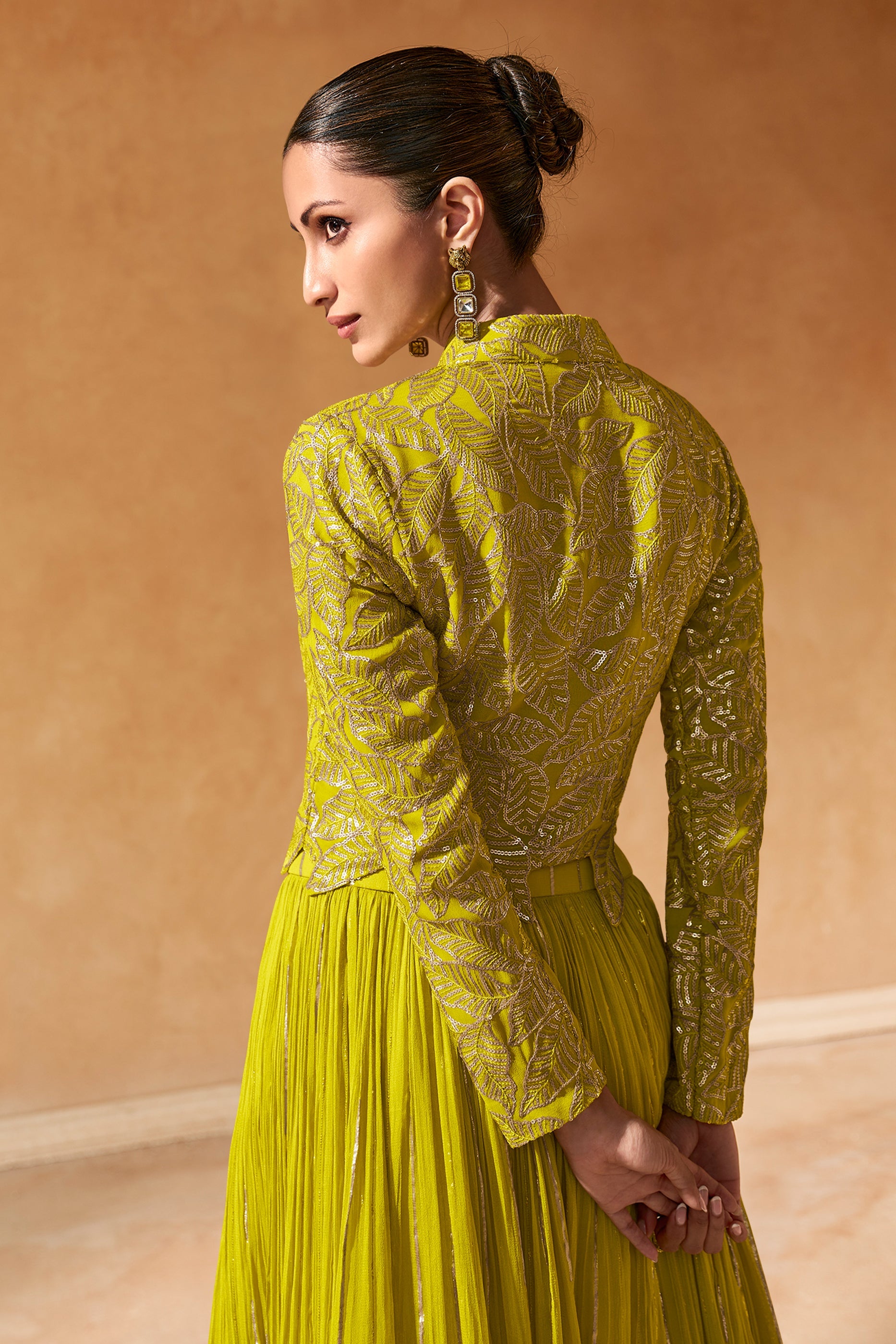 Green Readymade Chinon Skirt Set-SAR11995_3_SareeButa.com