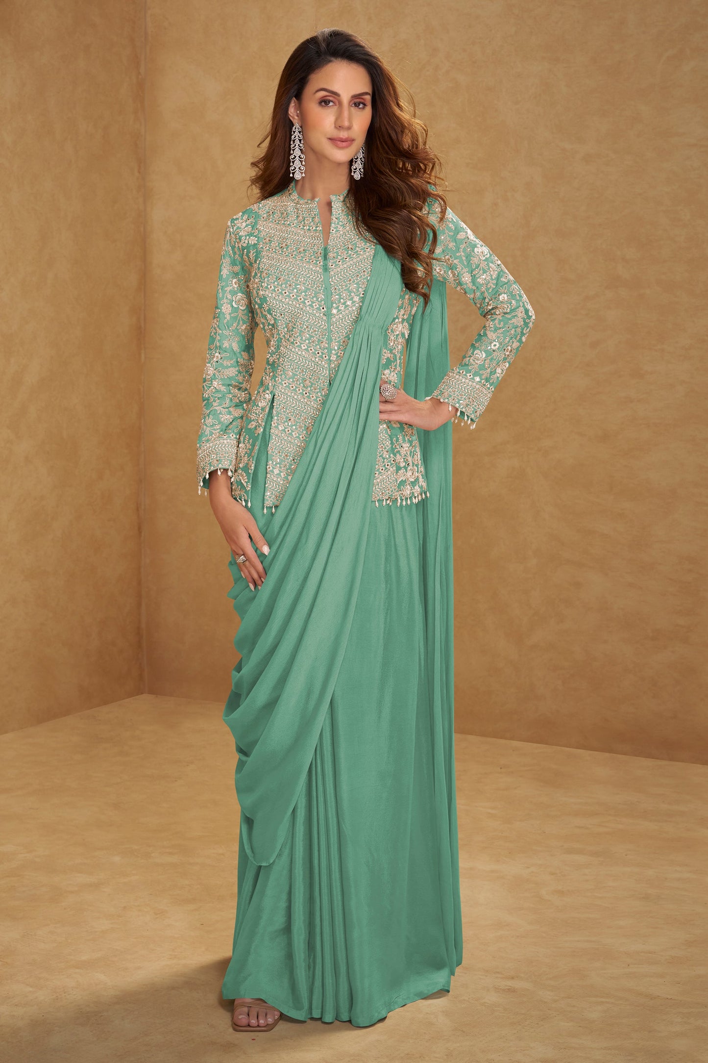 Green Readymade Chinon Skirt Set With Stitched Dupatta-SAR11539_1_SareeButa.com