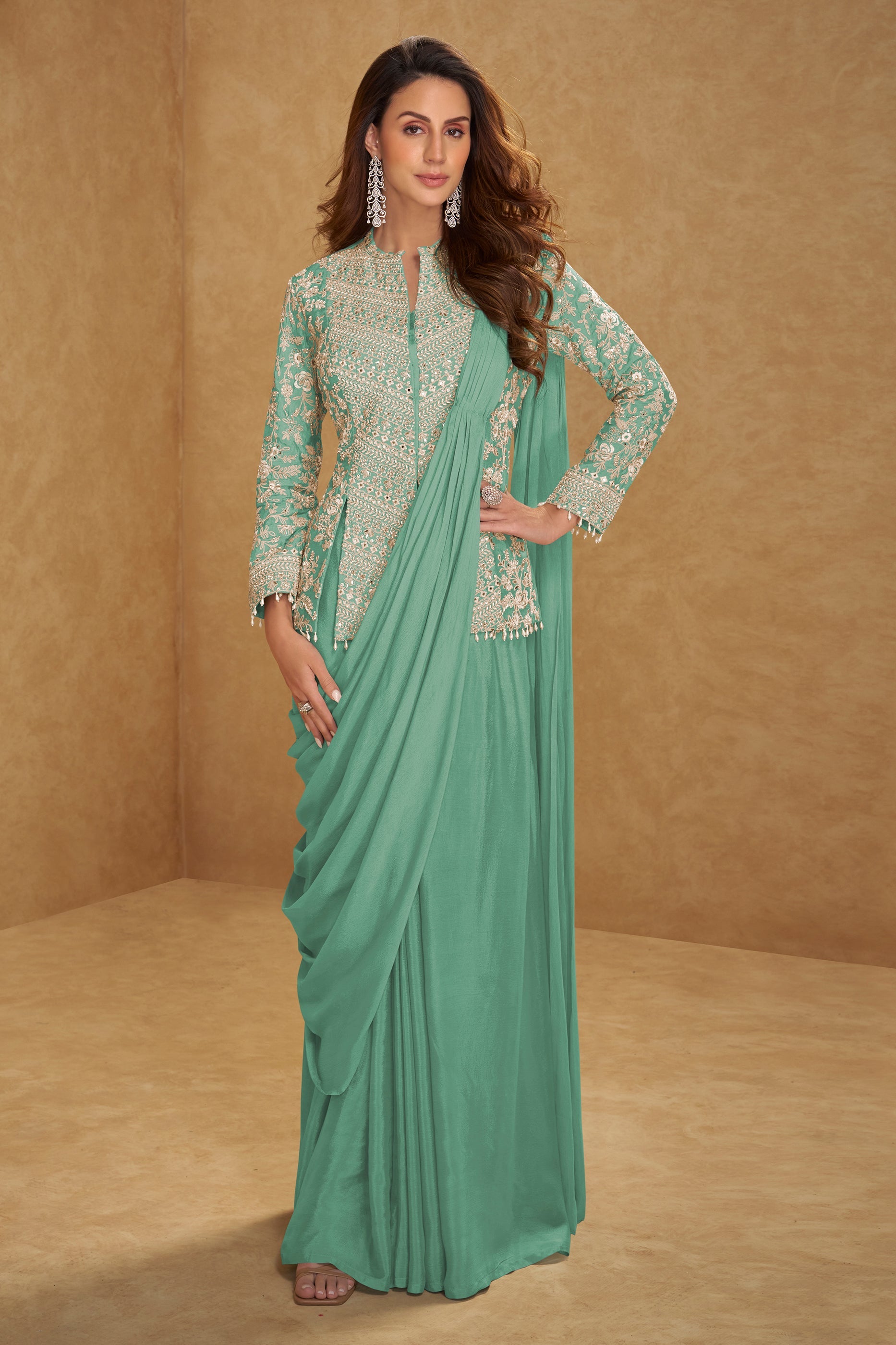 Green Readymade Chinon Skirt Set With Stitched Dupatta-SAR11539_1_SareeButa.com