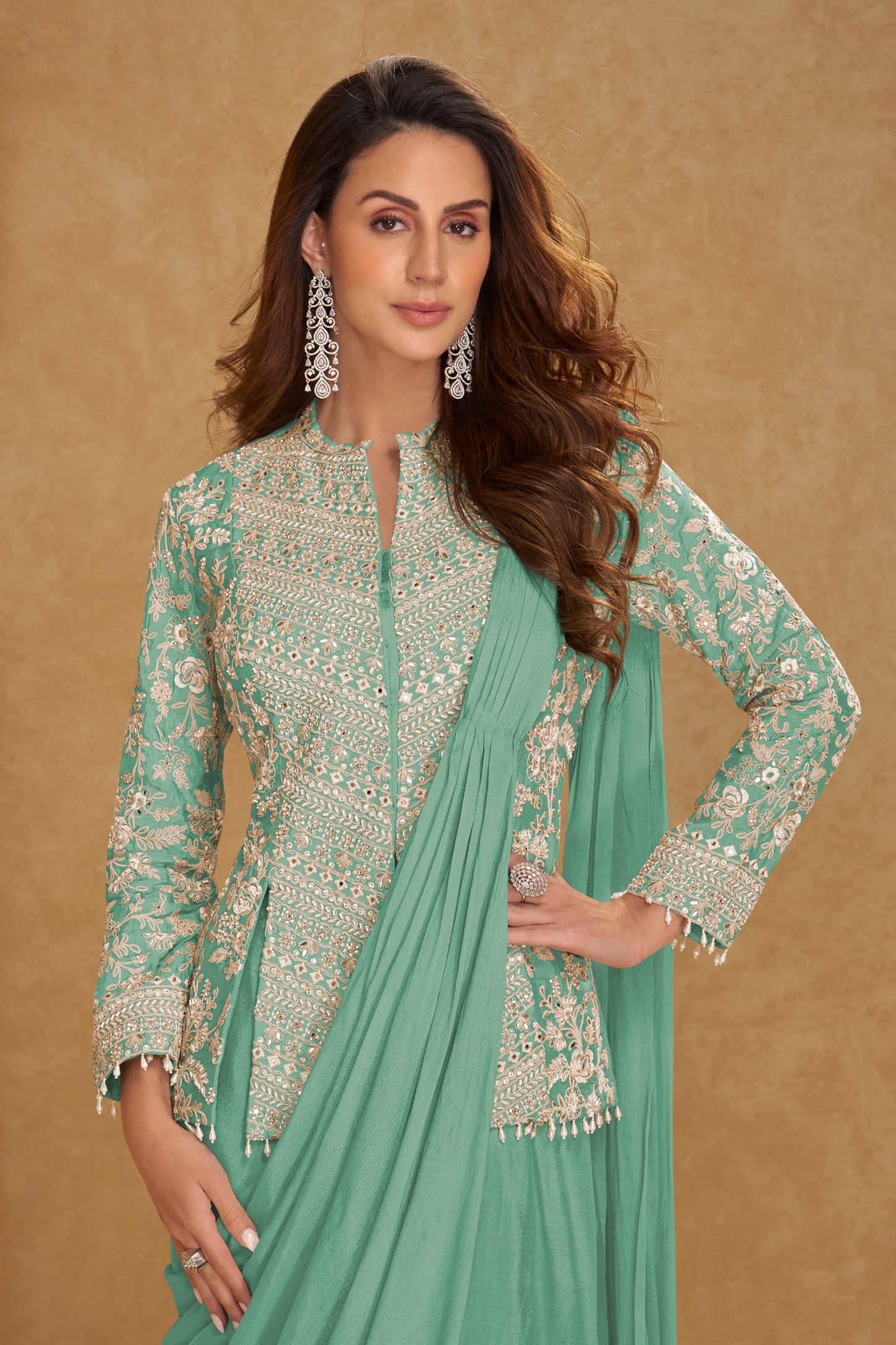 Green Readymade Chinon Skirt Set With Stitched Dupatta-SAR11539_3_SareeButa.com