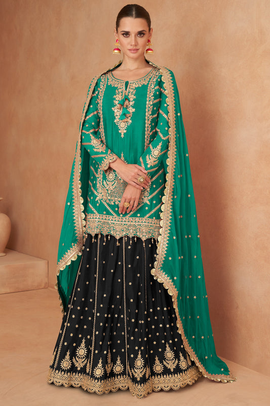Green Readymade Chinon Skirt Suit with Mirror Embroidery -SS510_1_SareeButa.com