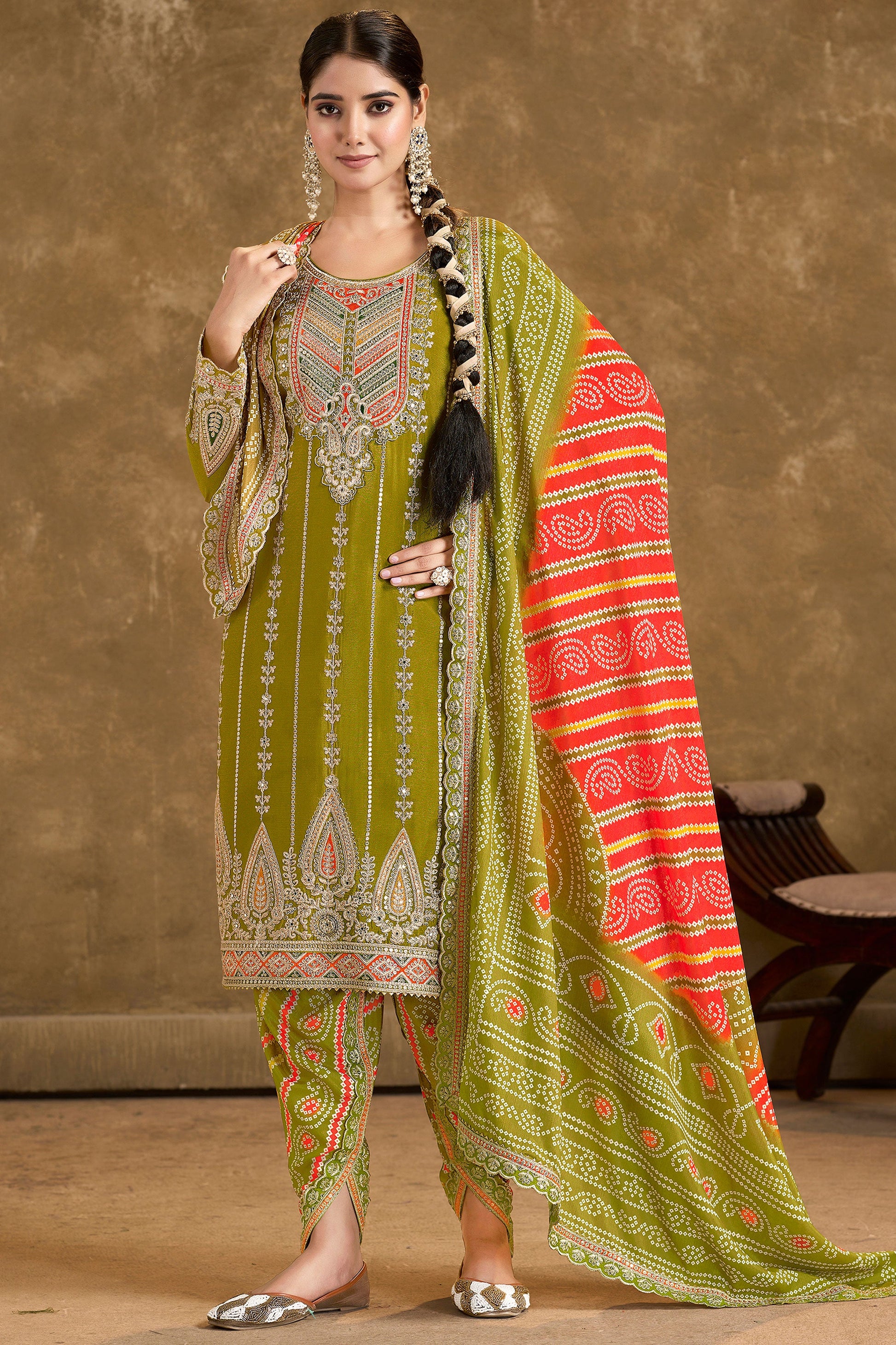 Green Readymade Chinon Suit With Tulip Pants-SS086_1_SareeButa.com