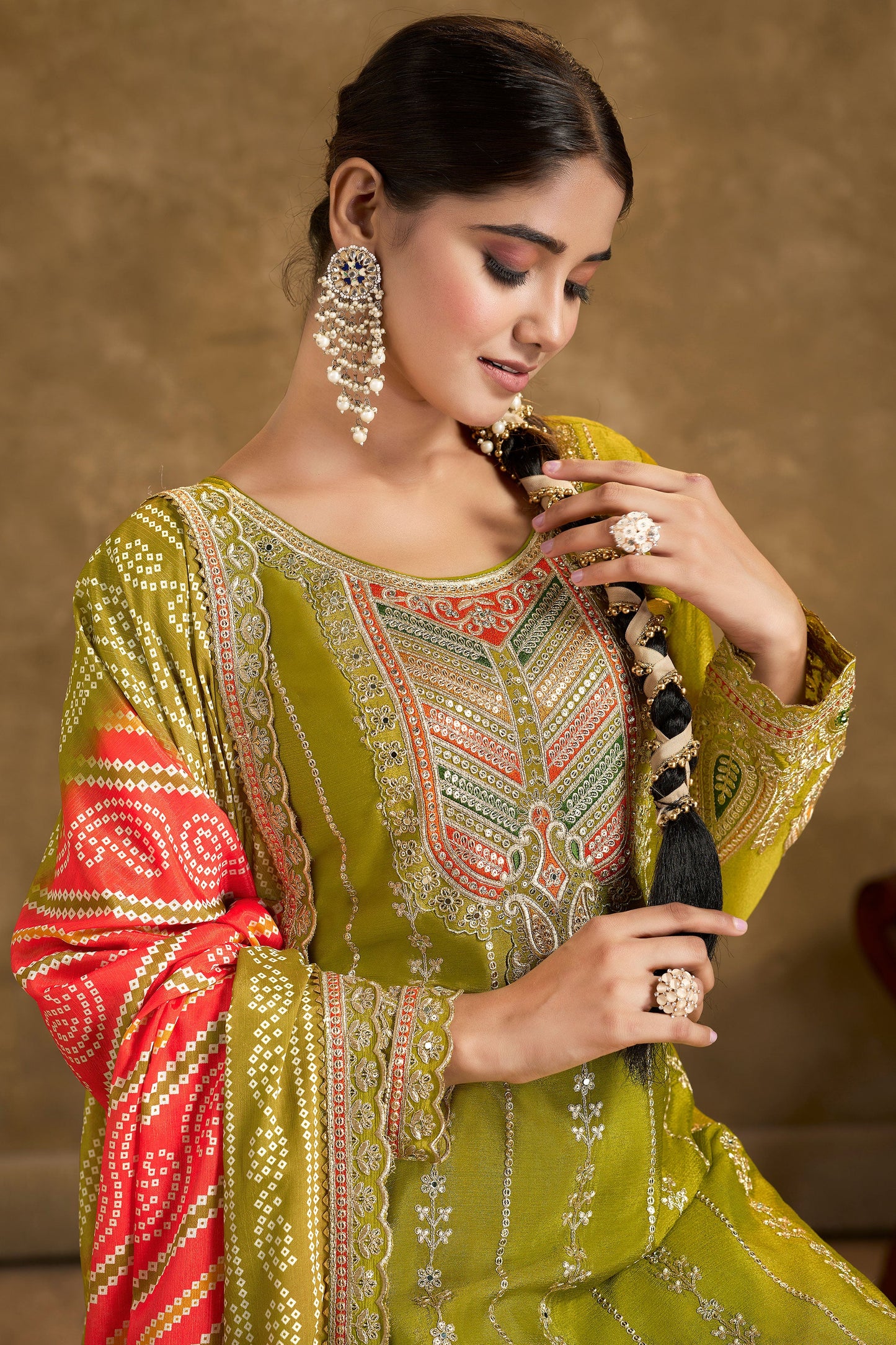 Green Readymade Chinon Suit With Tulip Pants-SS086_2_SareeButa.com