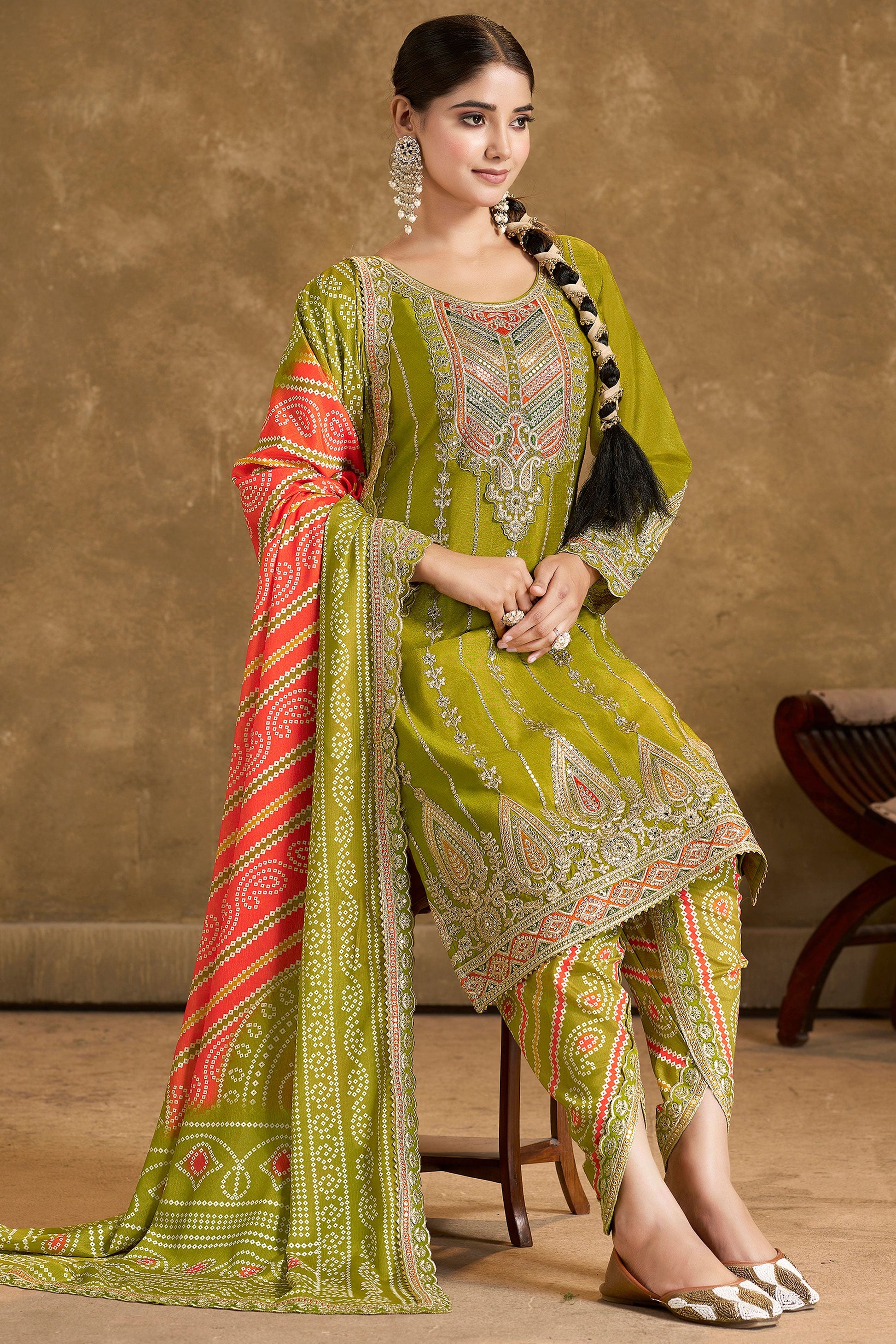 Green Readymade Chinon Suit With Tulip Pants-SS086_4_SareeButa.com