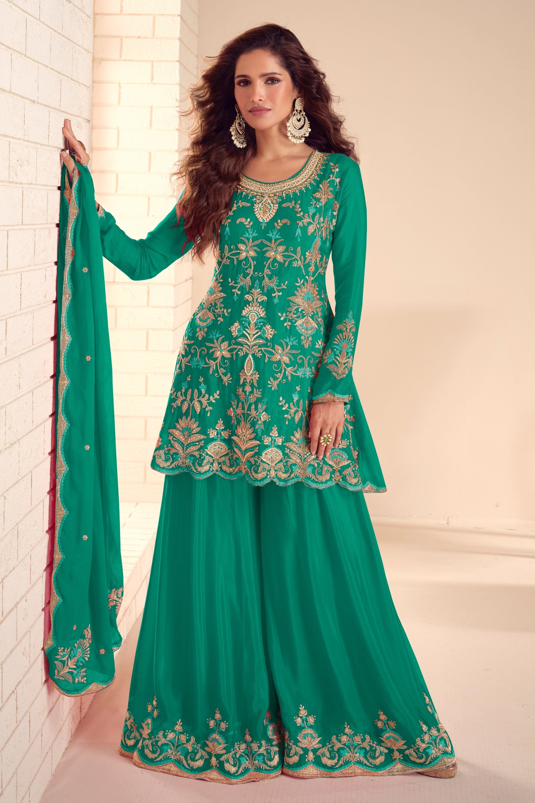 Green Readymade Embroidered Chinon A-Line Suit-SAR10937_1_SareeButa.com