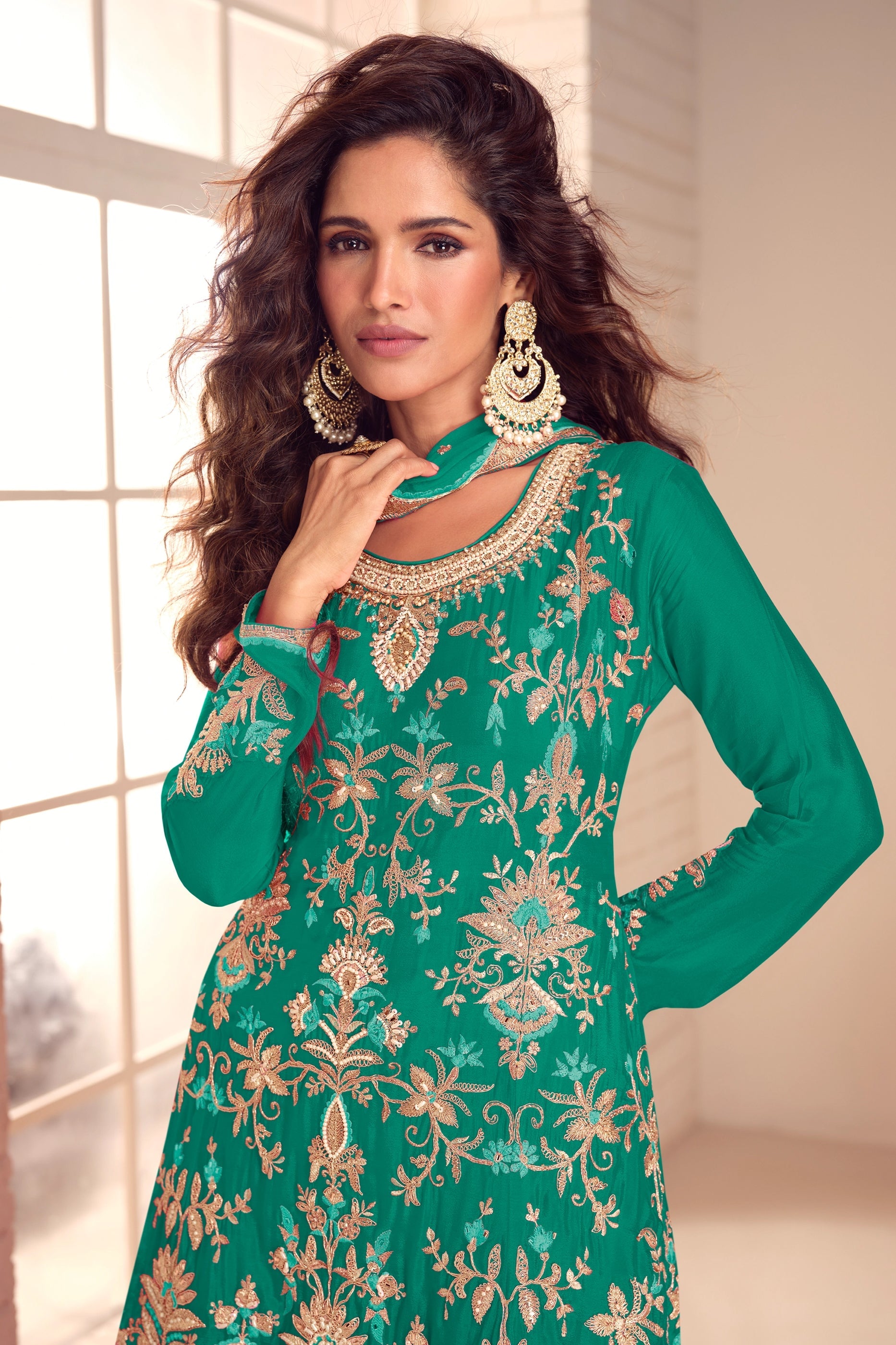 Green Readymade Embroidered Chinon A-Line Suit-SAR10937_2_SareeButa.com