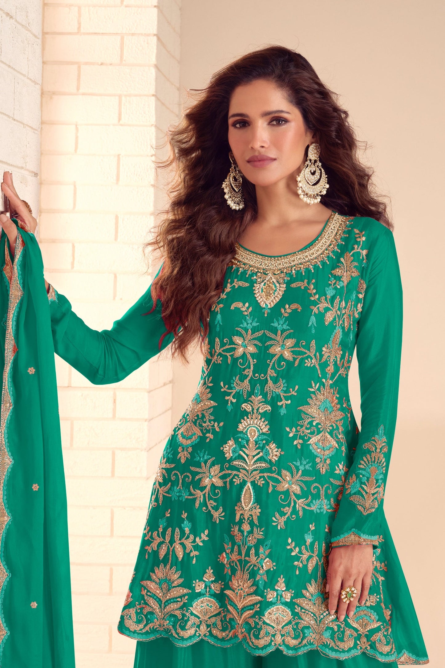 Green Readymade Embroidered Chinon A-Line Suit-SAR10937_3_SareeButa.com