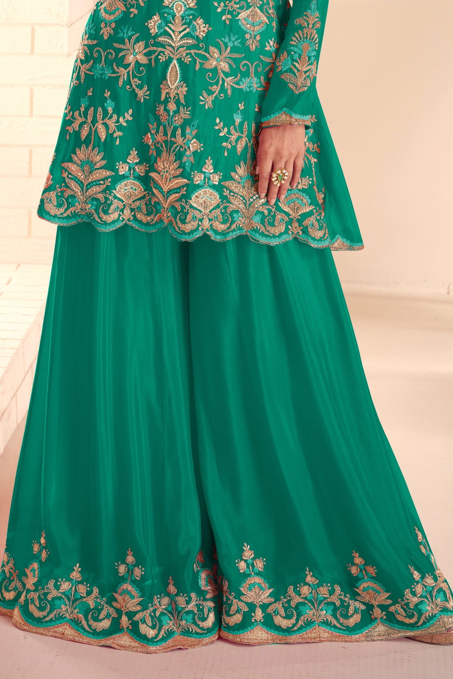 Green Readymade Embroidered Chinon A-Line Suit-SAR10937_4_SareeButa.com