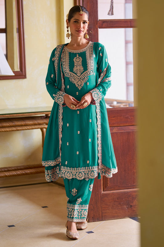 Green Readymade Embroidered Chinon A-line Pant Suit-SAR11965_1_SareeButa.com