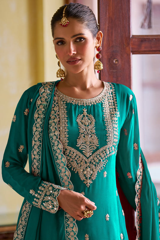 Green Readymade Embroidered Chinon A-line Pant Suit-SAR11965_2_SareeButa.com
