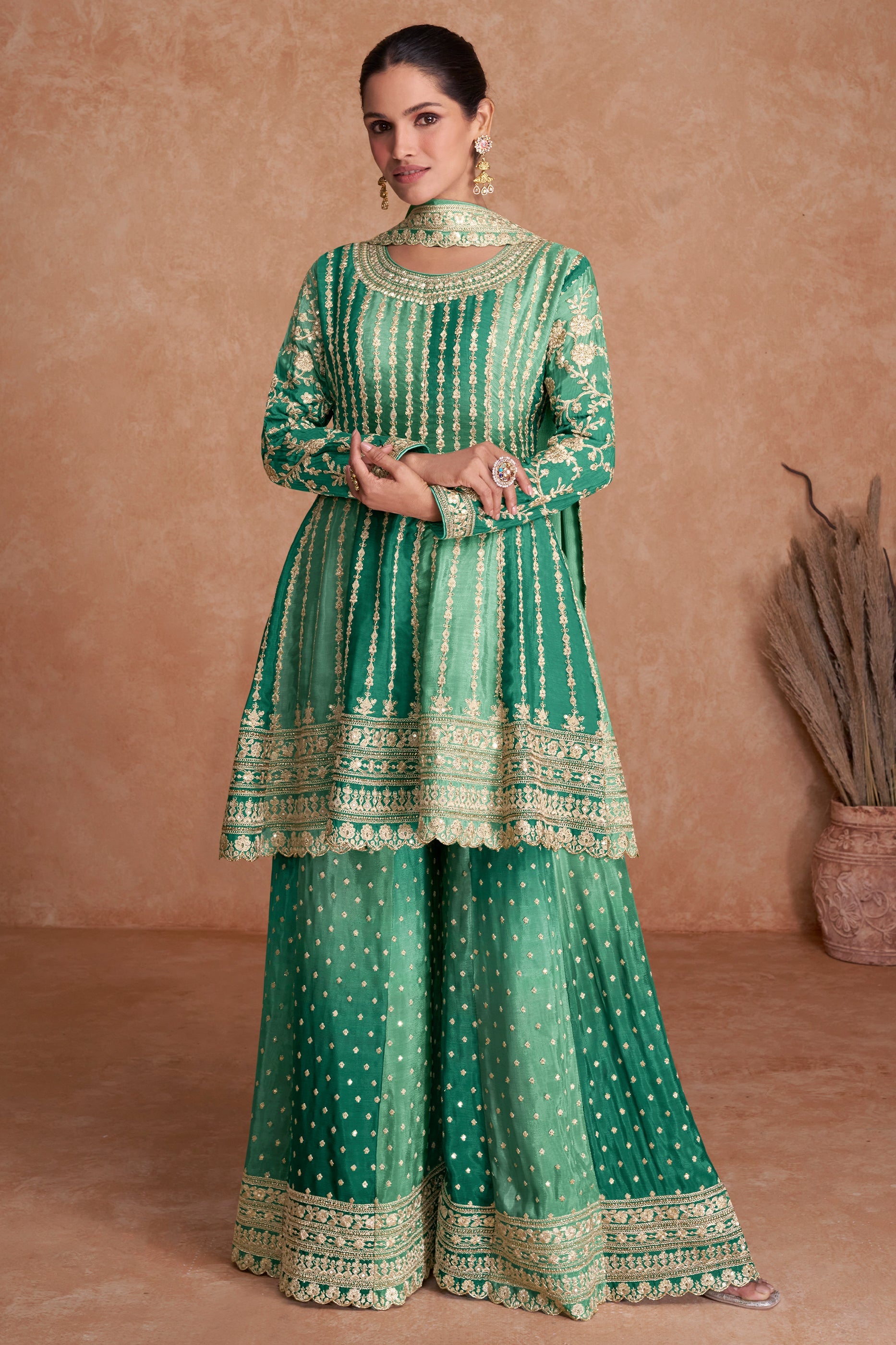 Green Readymade Embroidered Chinon A-line Suit-SAR10796_1_SareeButa.com