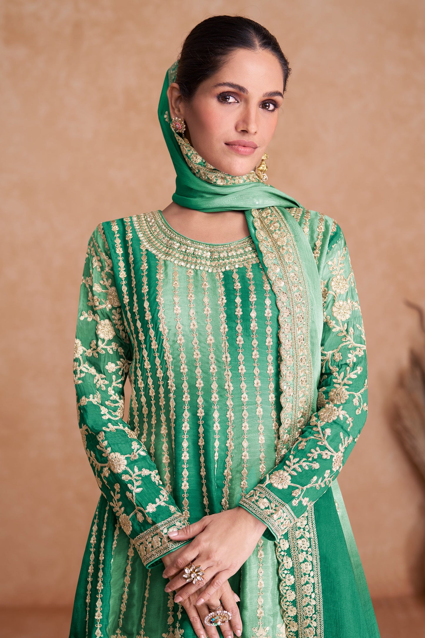 Green Readymade Embroidered Chinon A-line Suit-SAR10796_2_SareeButa.com
