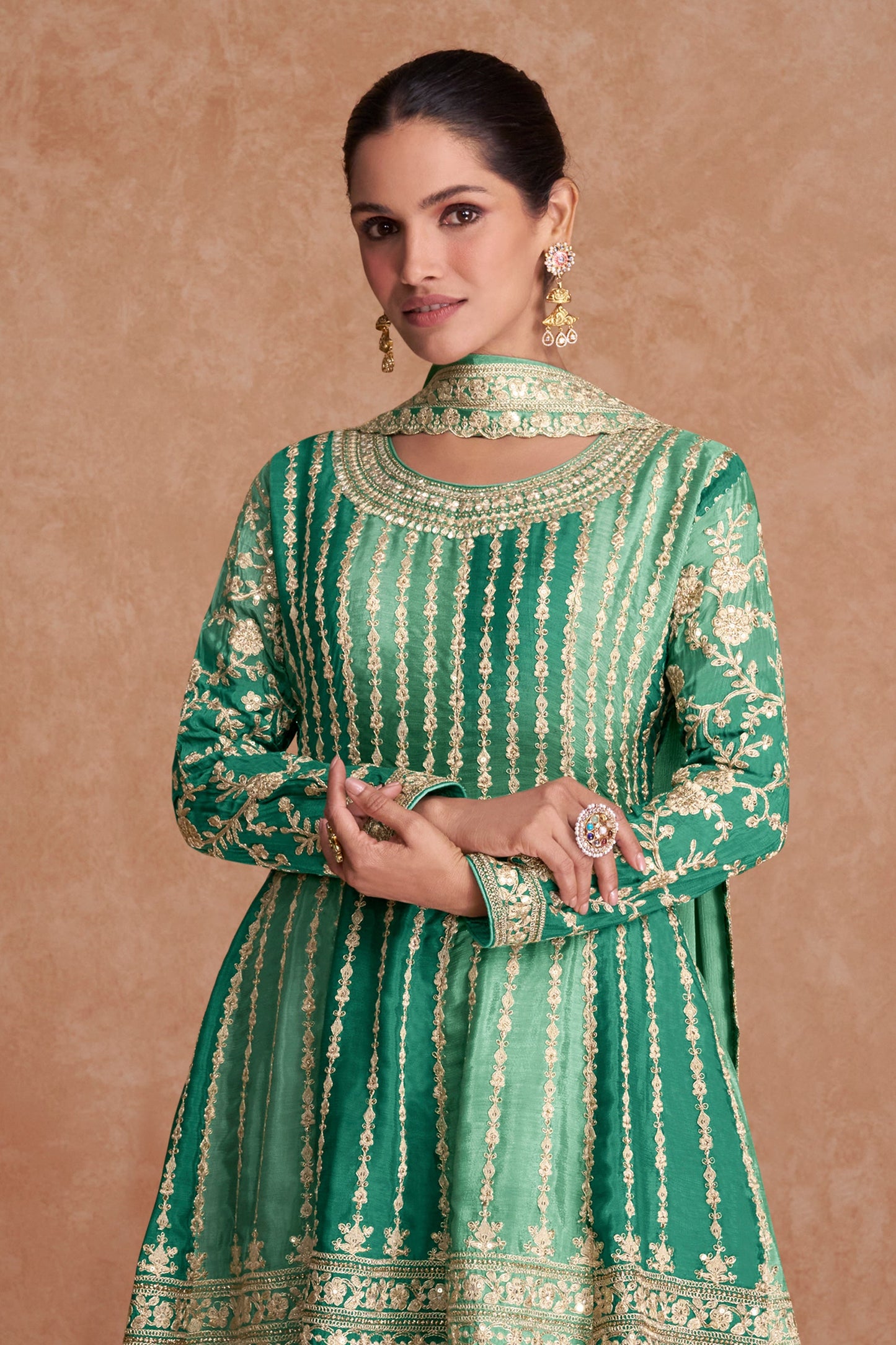 Green Readymade Embroidered Chinon A-line Suit-SAR10796_3_SareeButa.com