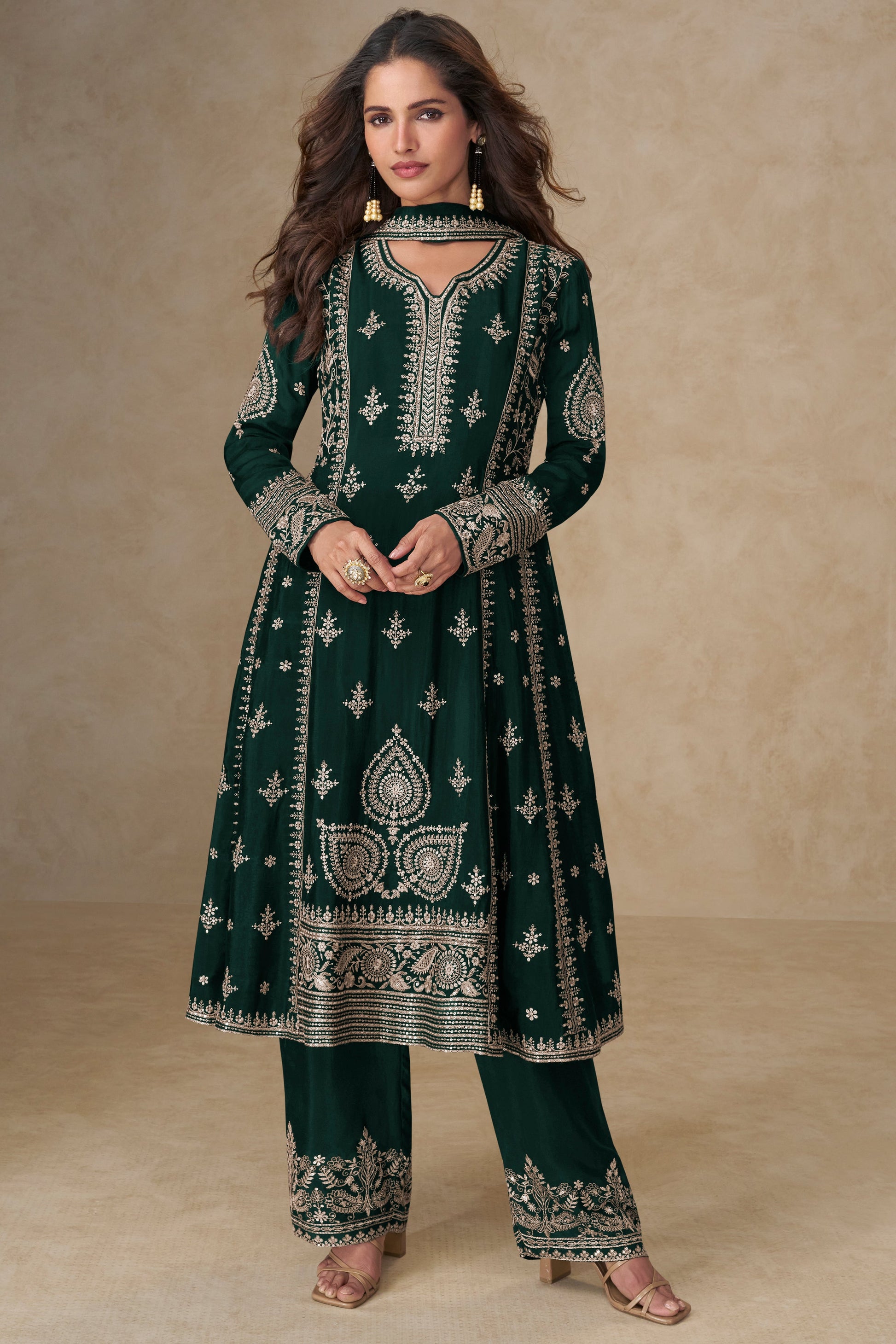 Green Readymade Embroidered Chinon A-line Suit-SS752_1_SareeButa.com