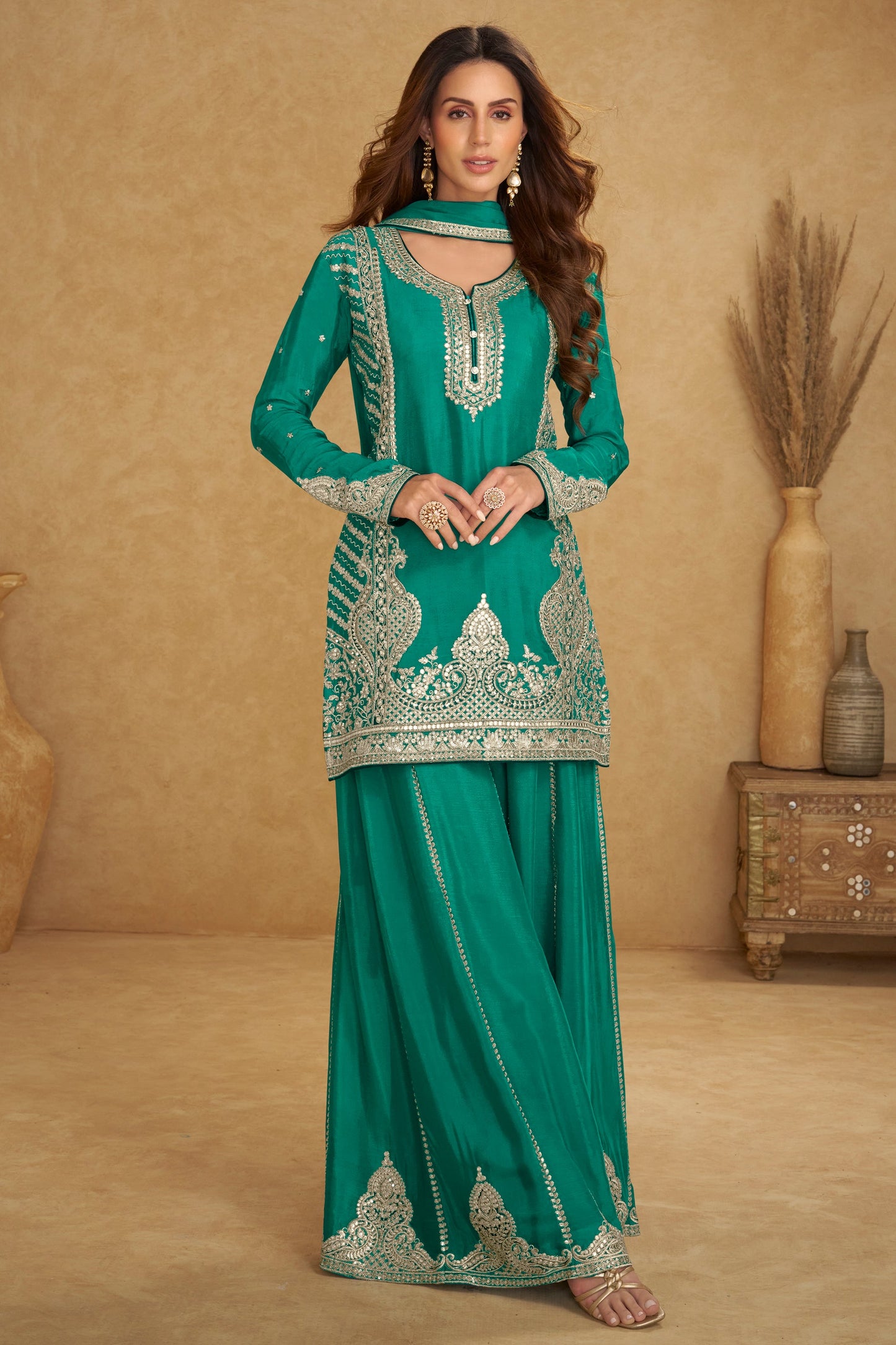 Green Readymade Embroidered Chinon Palazzo Suit-SAR11521_1_SareeButa.com