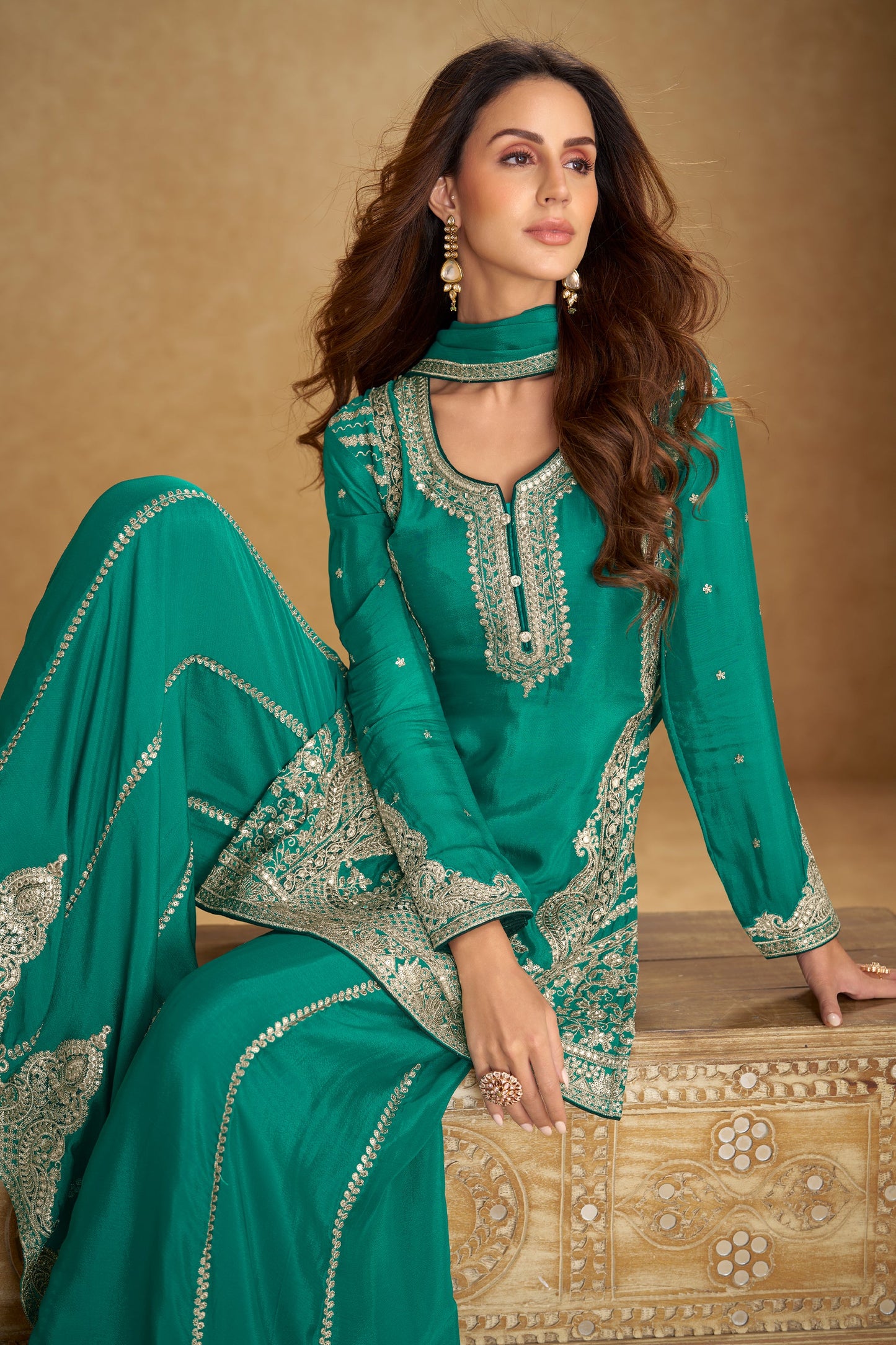 Green Readymade Embroidered Chinon Palazzo Suit-SAR11521_2_SareeButa.com