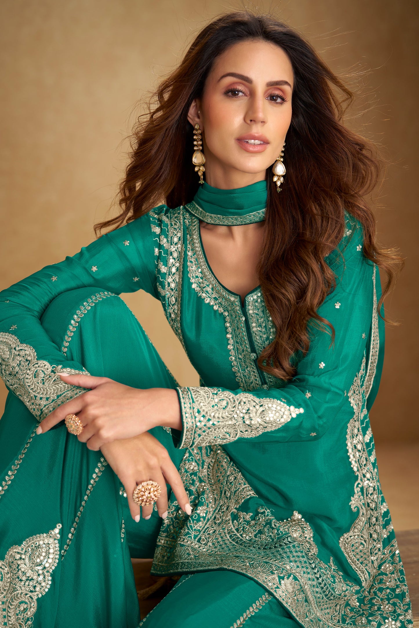 Green Readymade Embroidered Chinon Palazzo Suit-SAR11521_3_SareeButa.com