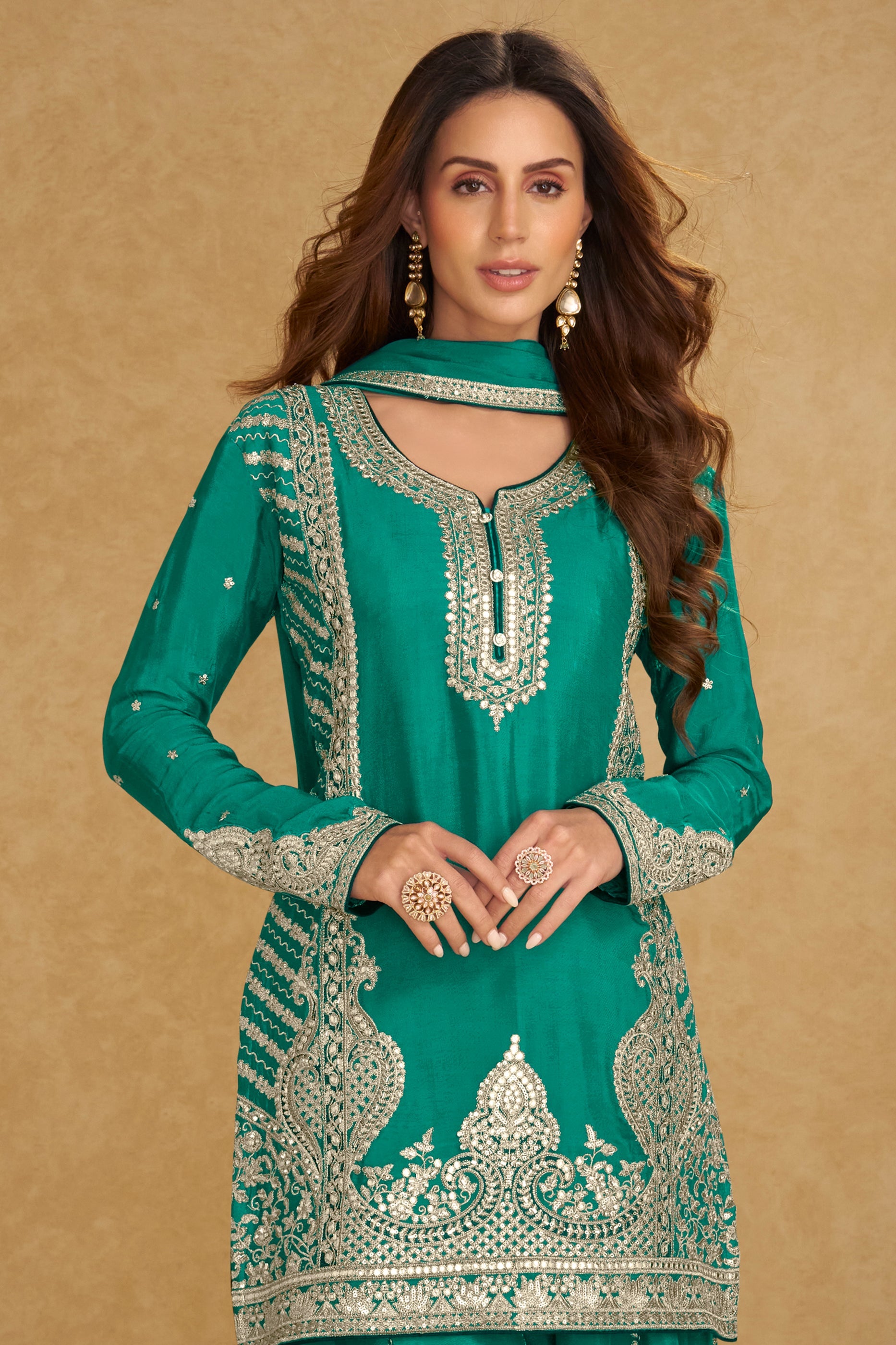 Green Readymade Embroidered Chinon Palazzo Suit-SAR11521_4_SareeButa.com