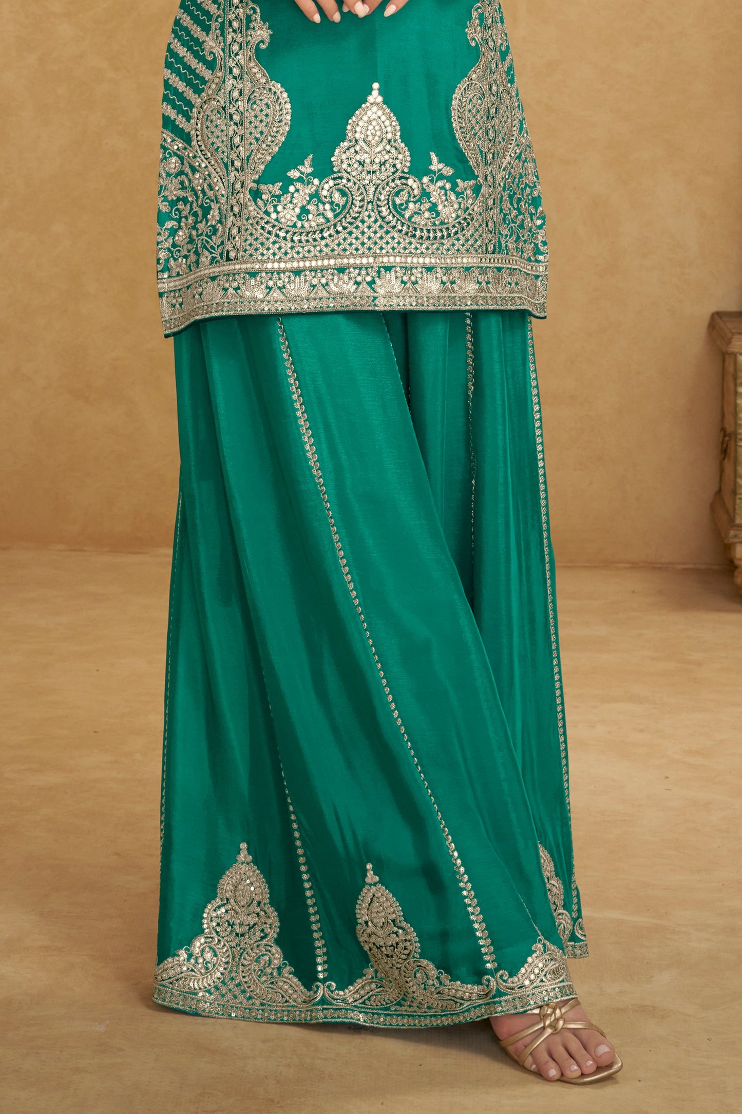 Green Readymade Embroidered Chinon Palazzo Suit-SAR11521_5_SareeButa.com