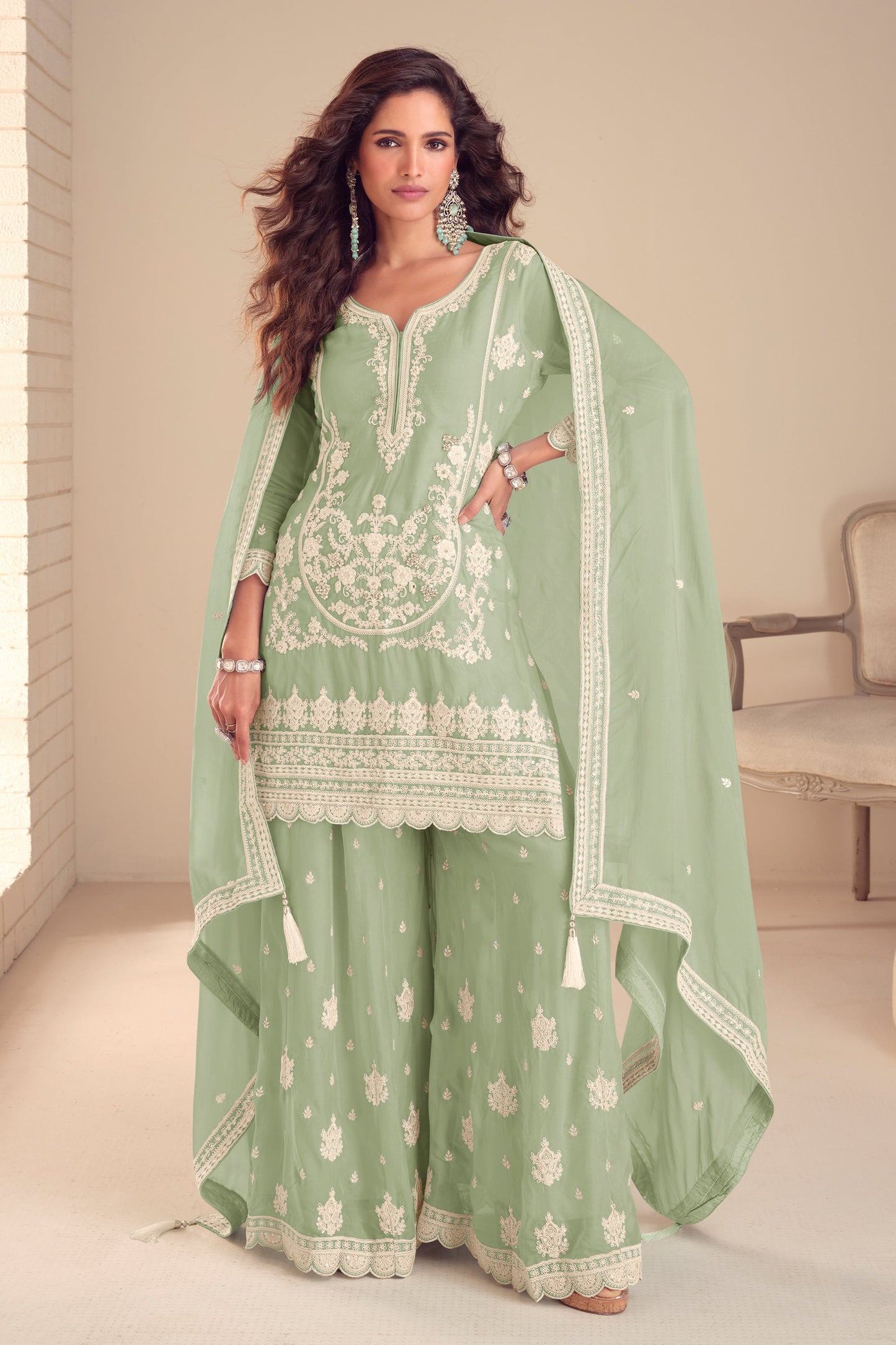 Green Readymade Embroidered Chinon Palazzo Suit-SAR11566_1_SareeButa.com