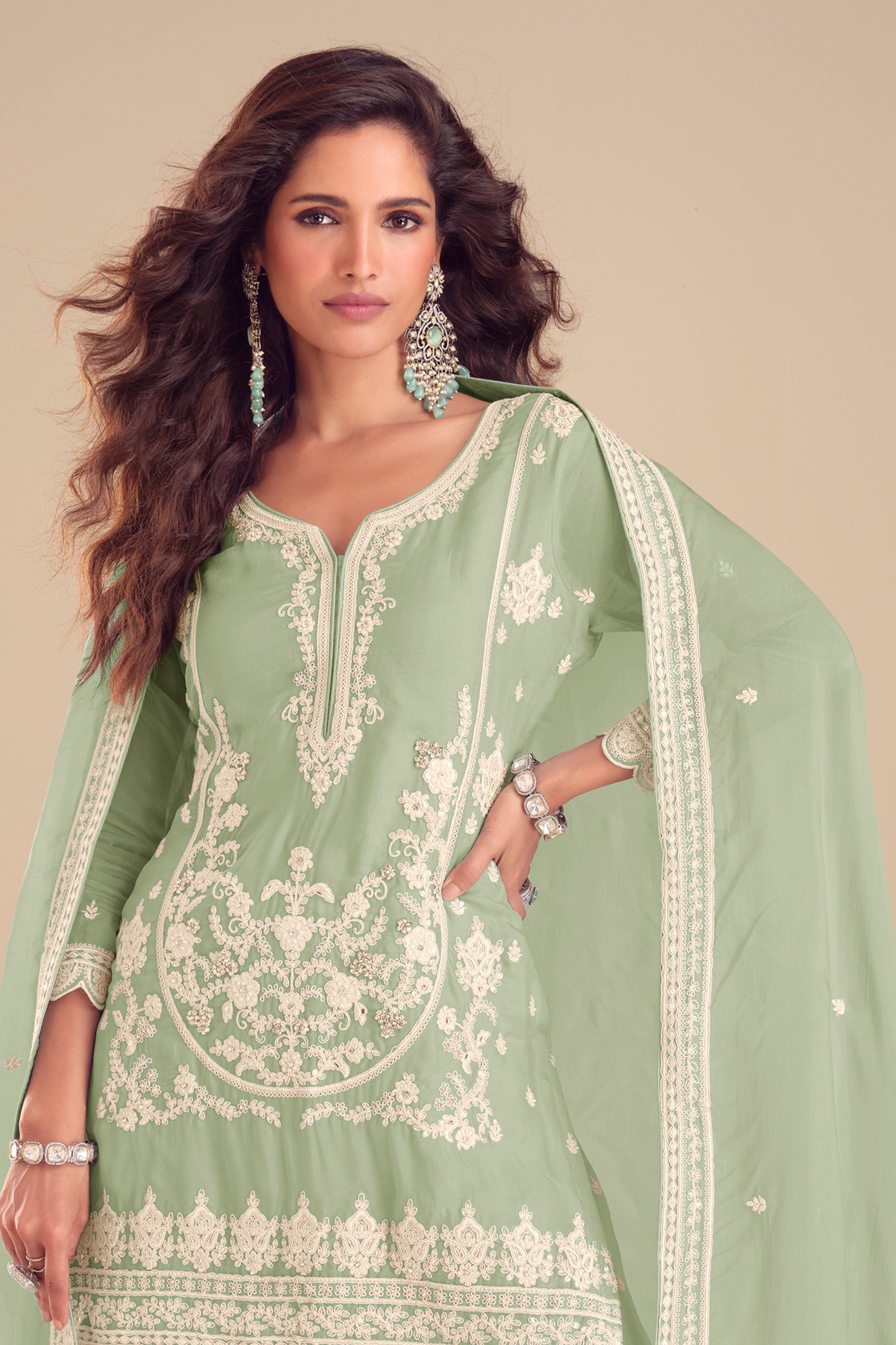 Green Readymade Embroidered Chinon Palazzo Suit-SAR11566_3_SareeButa.com