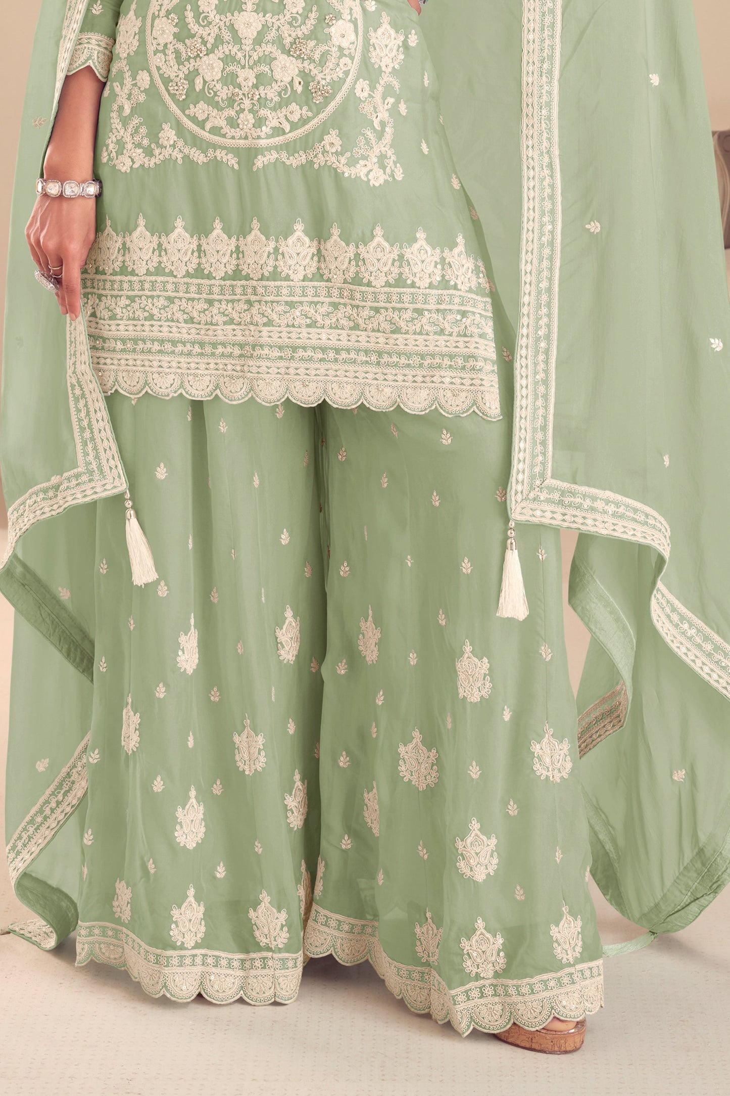 Green Readymade Embroidered Chinon Palazzo Suit-SAR11566_4_SareeButa.com