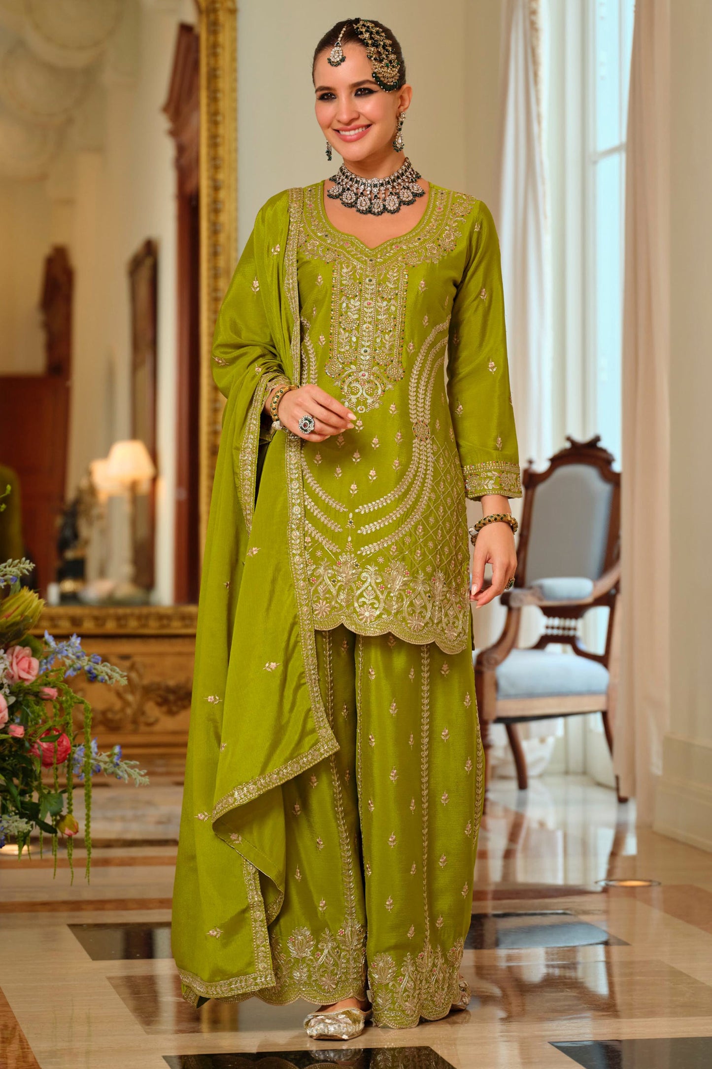 Green Readymade Embroidered Chinon Palazzo Suit-SAR11991_1_SareeButa.com