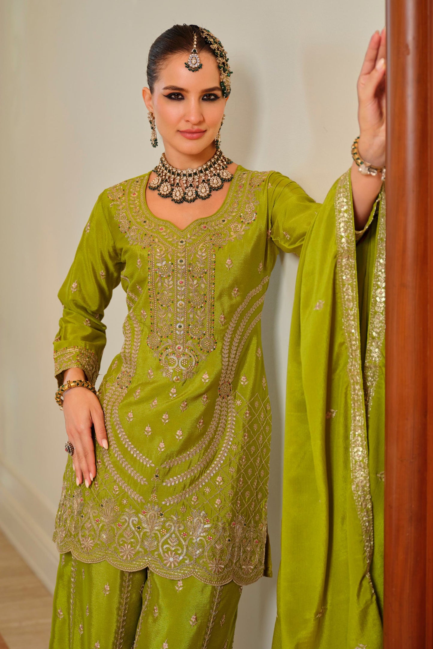Green Readymade Embroidered Chinon Palazzo Suit-SAR11991_2_SareeButa.com