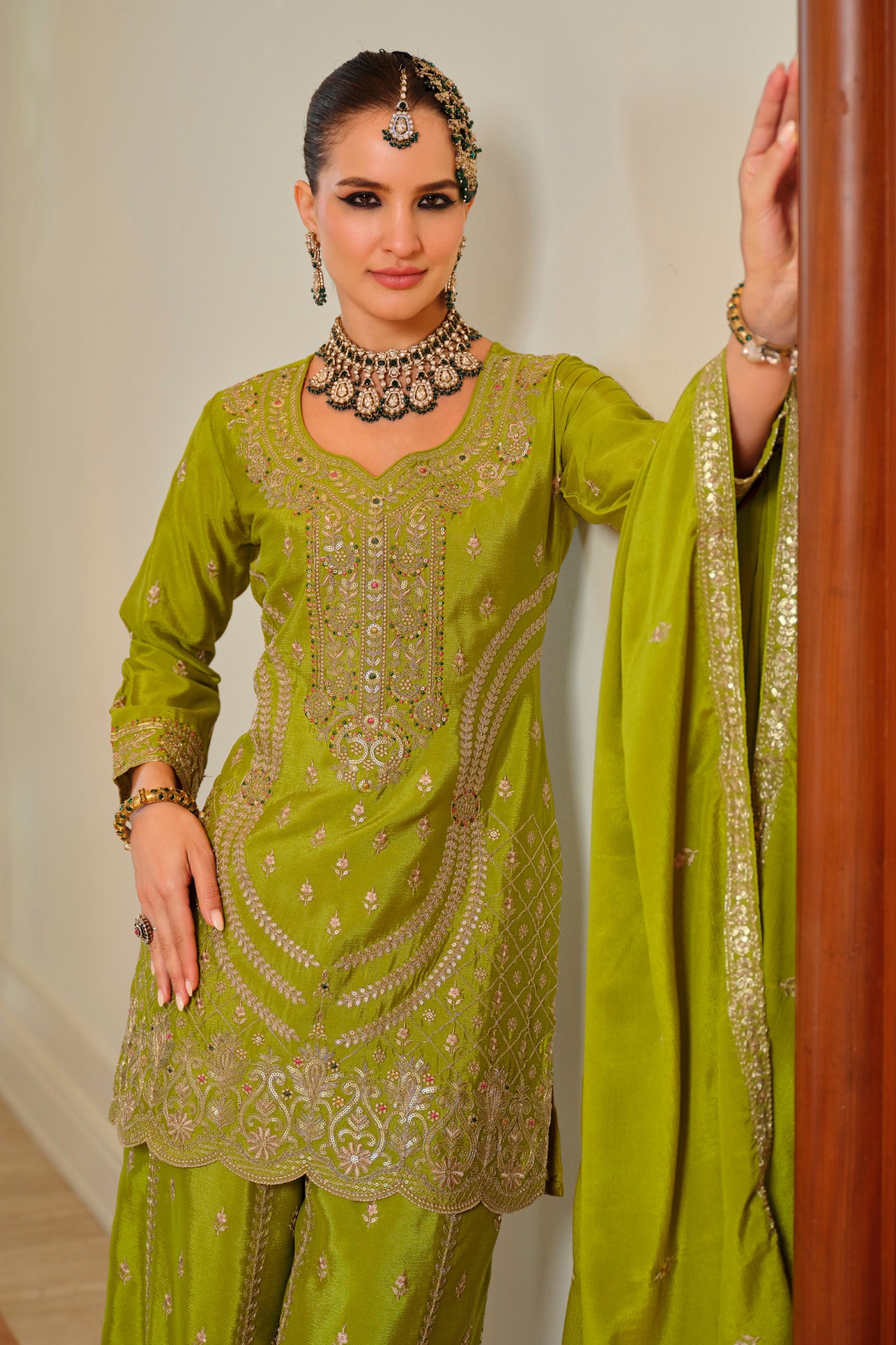 Green Readymade Embroidered Chinon Palazzo Suit-SAR11991_2_SareeButa.com