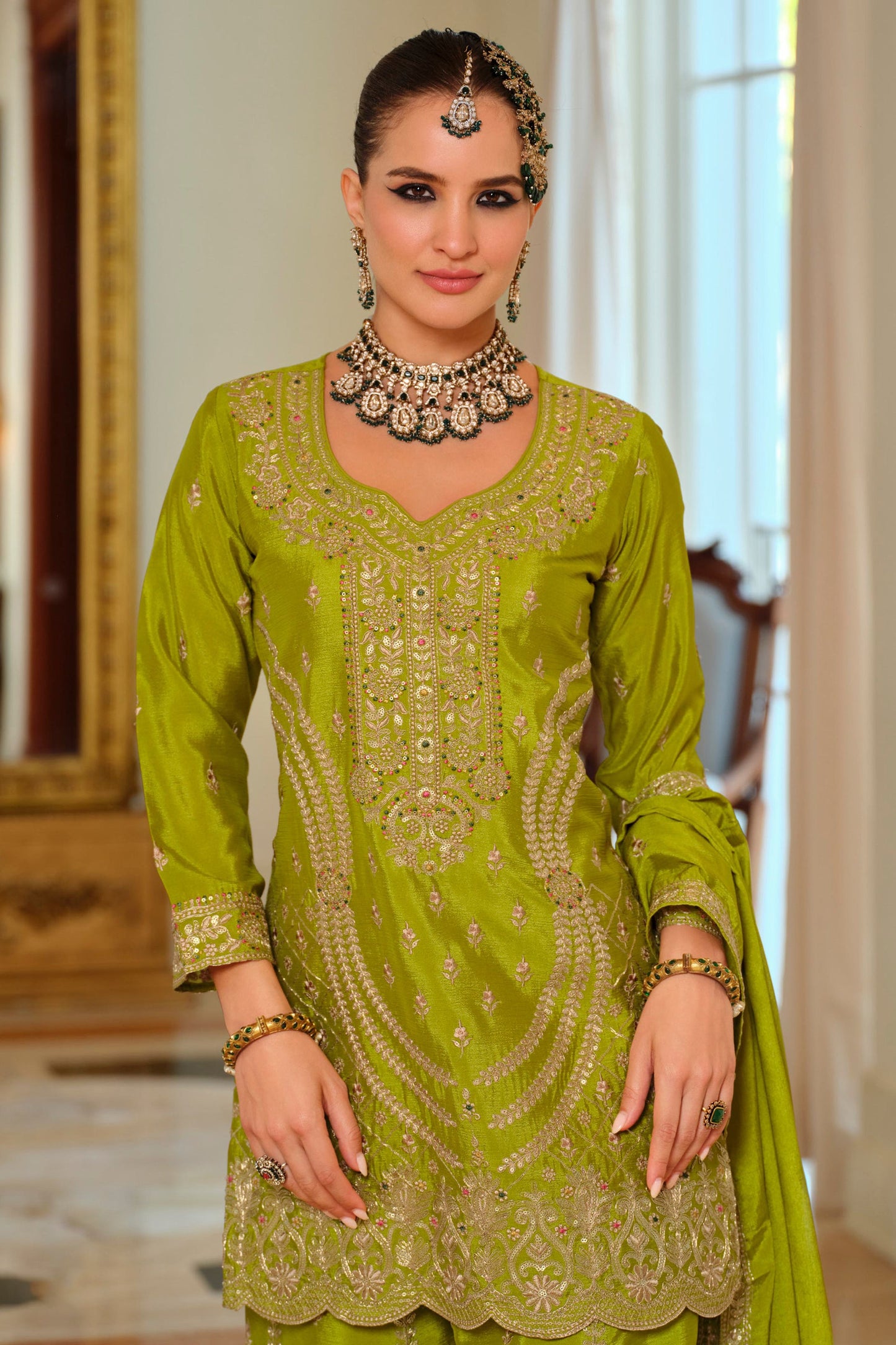 Green Readymade Embroidered Chinon Palazzo Suit-SAR11991_3_SareeButa.com
