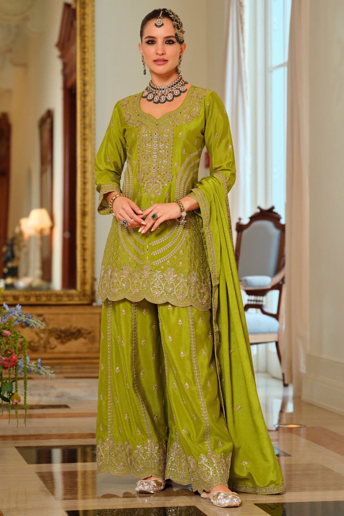 Green Readymade Embroidered Chinon Palazzo Suit-SAR11991_4_SareeButa.com