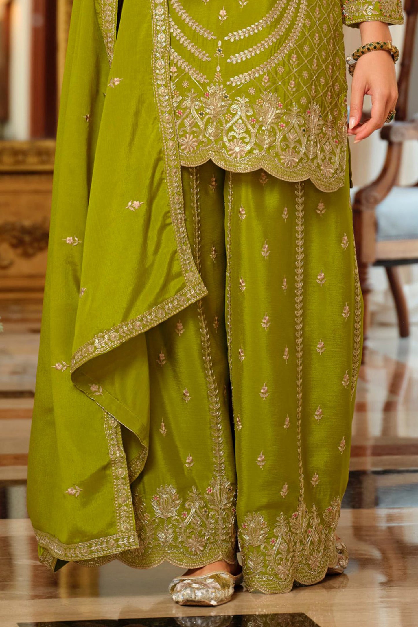 Green Readymade Embroidered Chinon Palazzo Suit-SAR11991_5_SareeButa.com