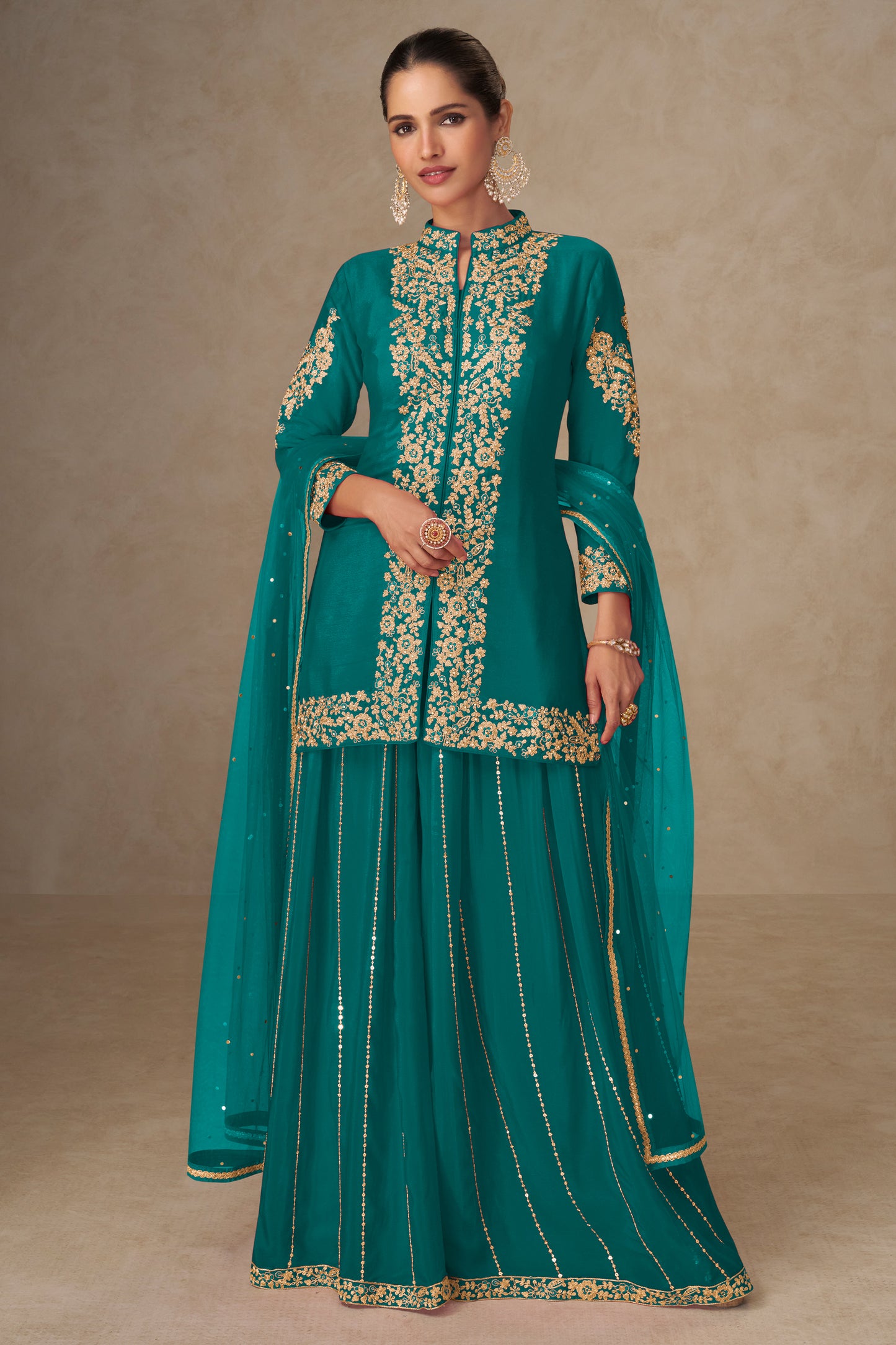 Green Readymade Embroidered Chinon Palazzo Suit-SAR12497_1_SareeButa.com