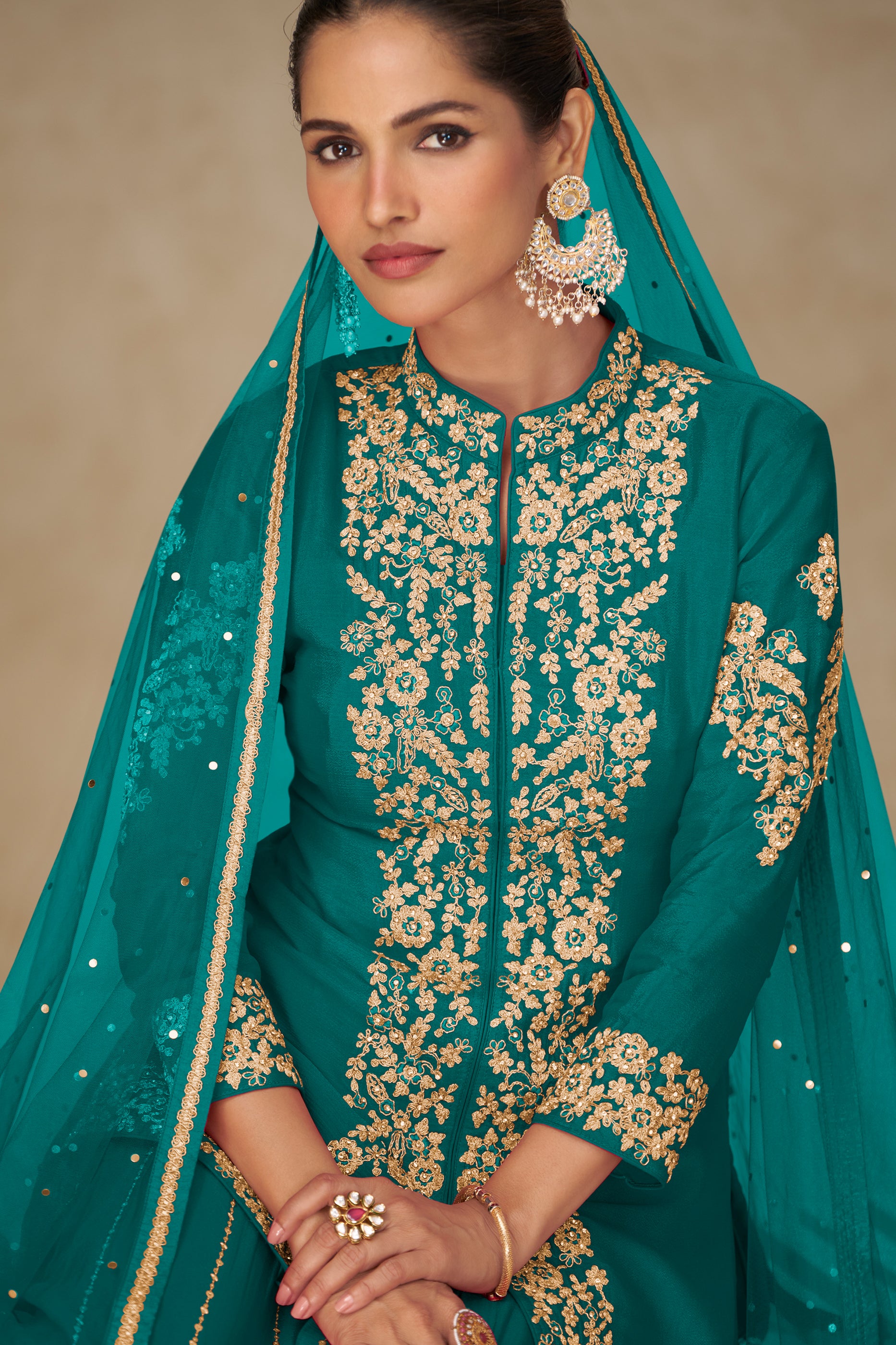 Green Readymade Embroidered Chinon Palazzo Suit-SAR12497_2_SareeButa.com