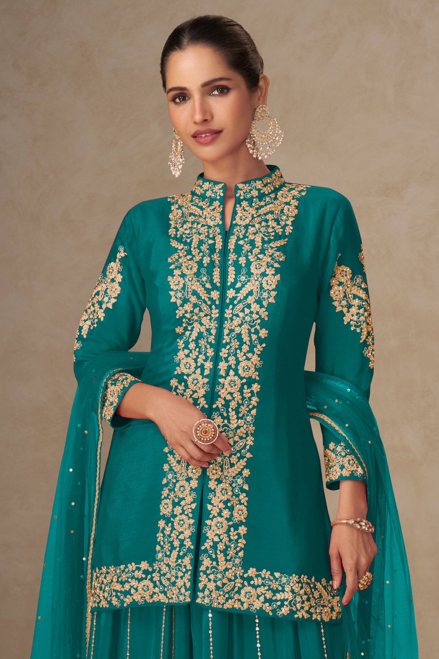 Green Readymade Embroidered Chinon Palazzo Suit-SAR12497_3_SareeButa.com