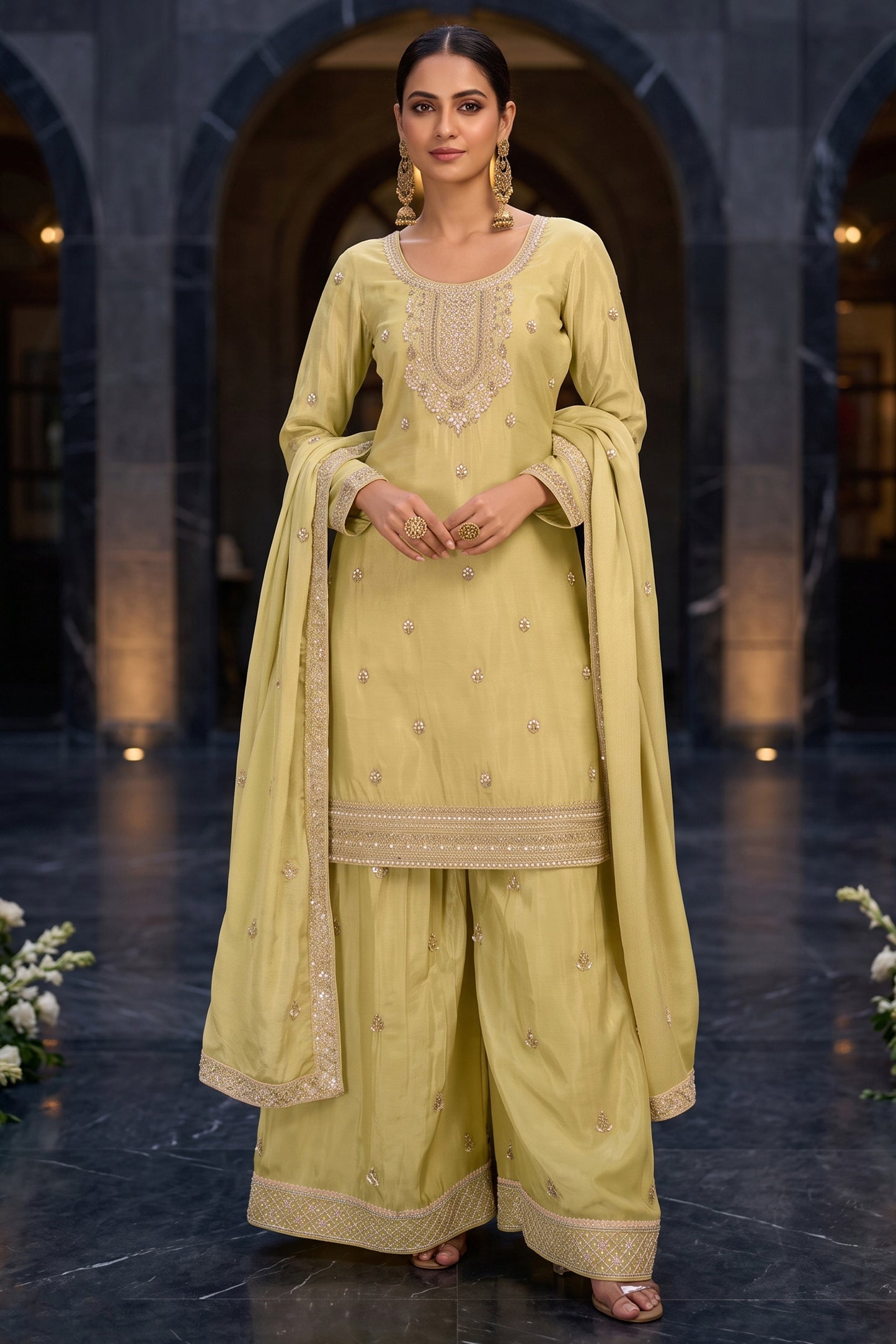 Green Readymade Embroidered Chinon Palazzo Suit-SAR13141_1_SareeButa.com