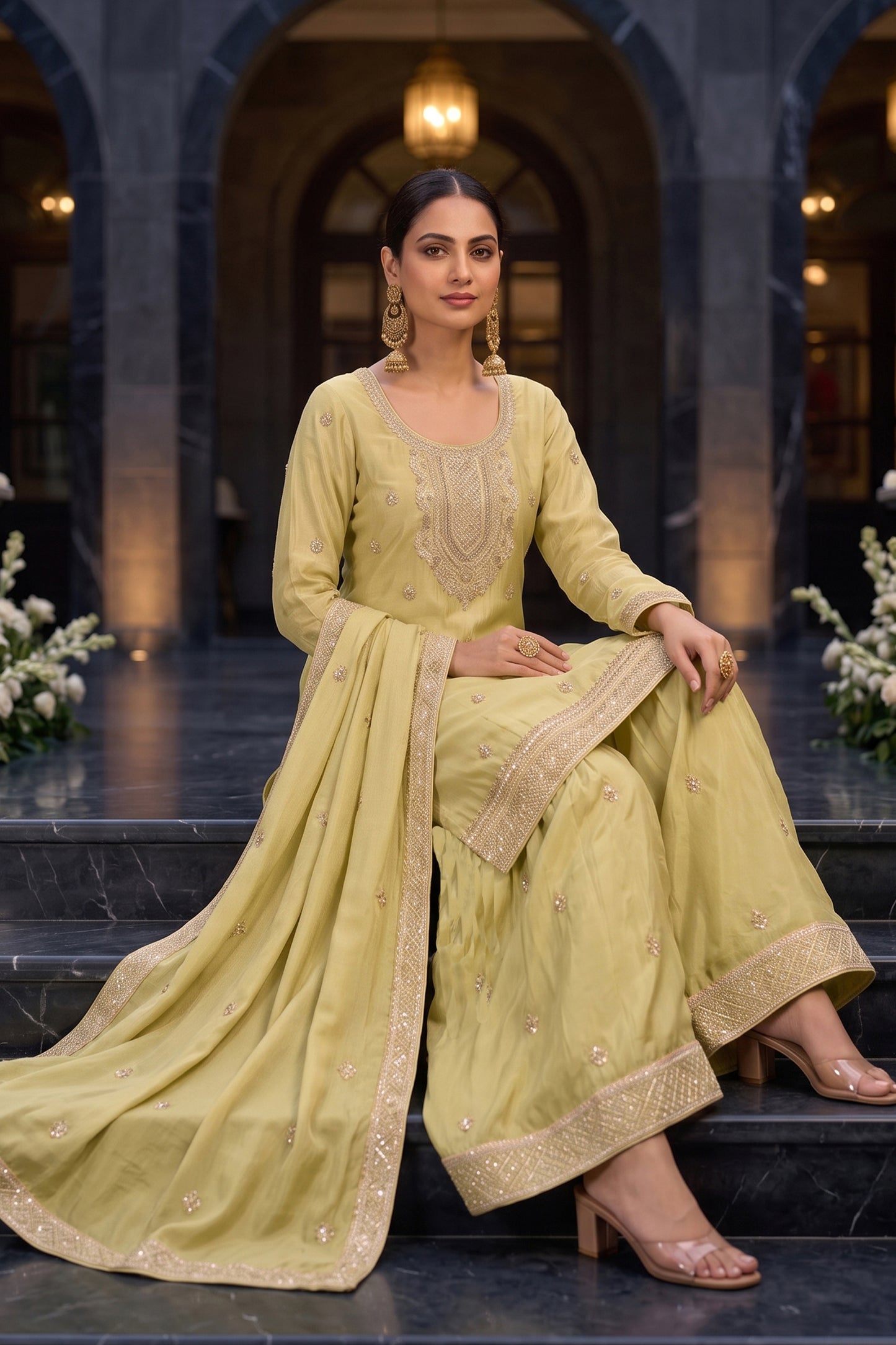 Green Readymade Embroidered Chinon Palazzo Suit-SAR13141_4_SareeButa.com