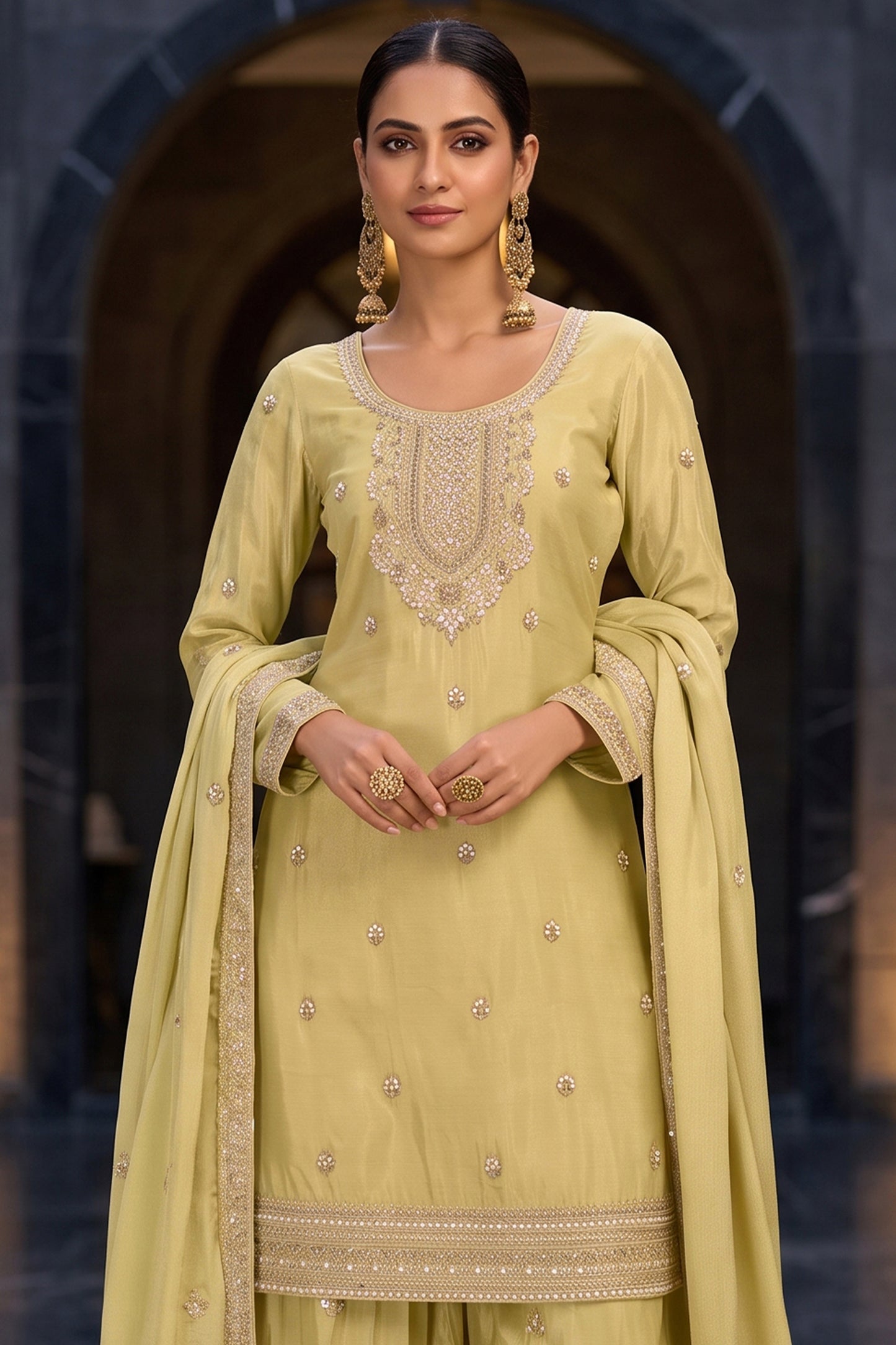 Green Readymade Embroidered Chinon Palazzo Suit-SAR13141_5_SareeButa.com
