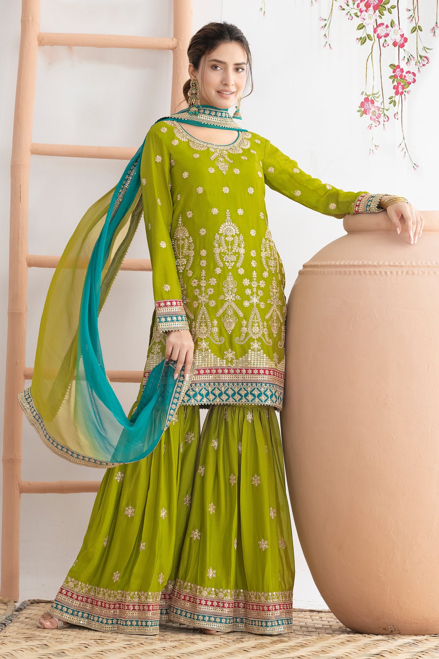 Green Readymade Embroidered Chinon Sharara Suit-SAR10814_1_SareeButa.com