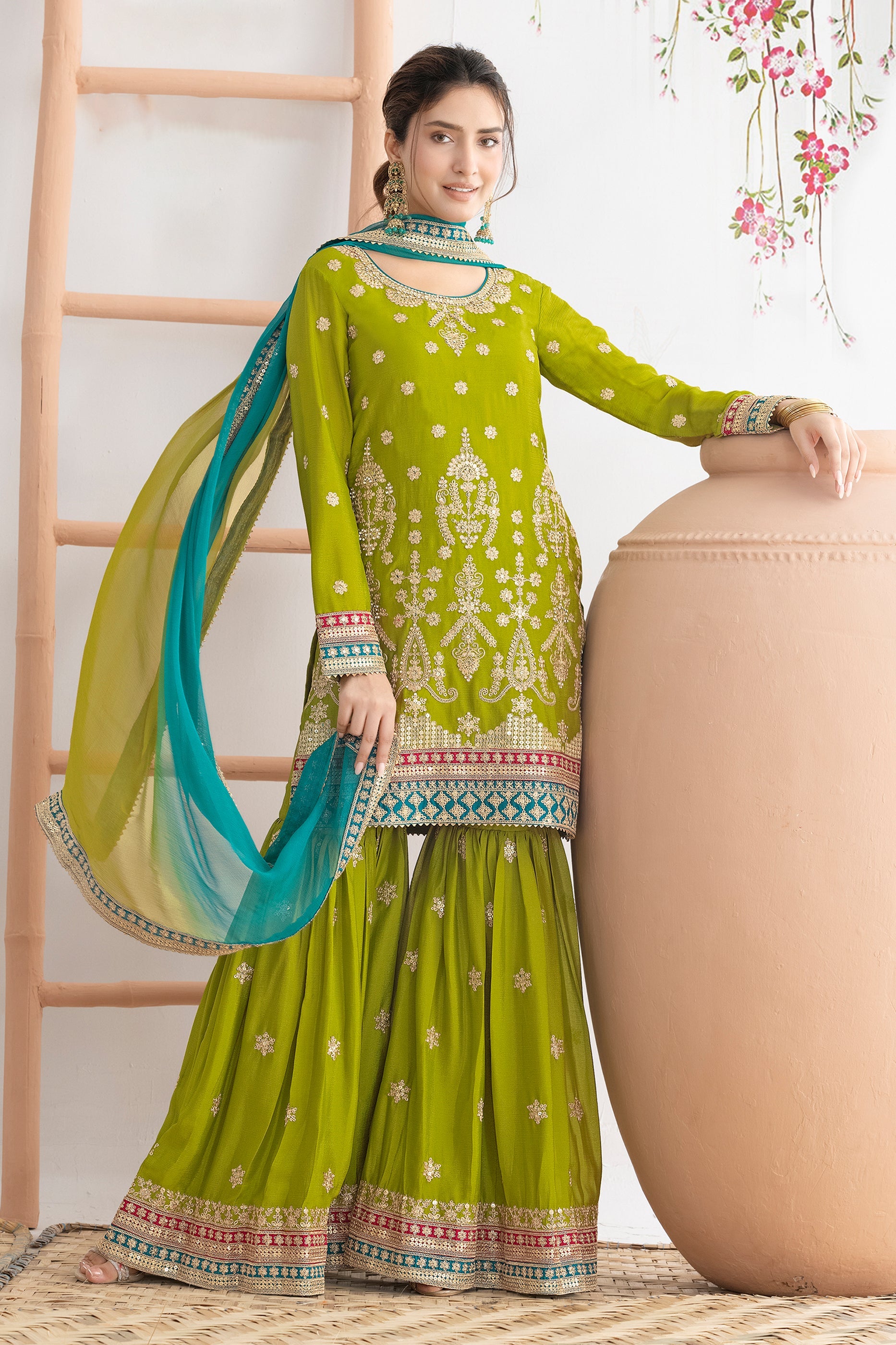 Green Readymade Embroidered Chinon Sharara Suit-SAR10814_1_SareeButa.com
