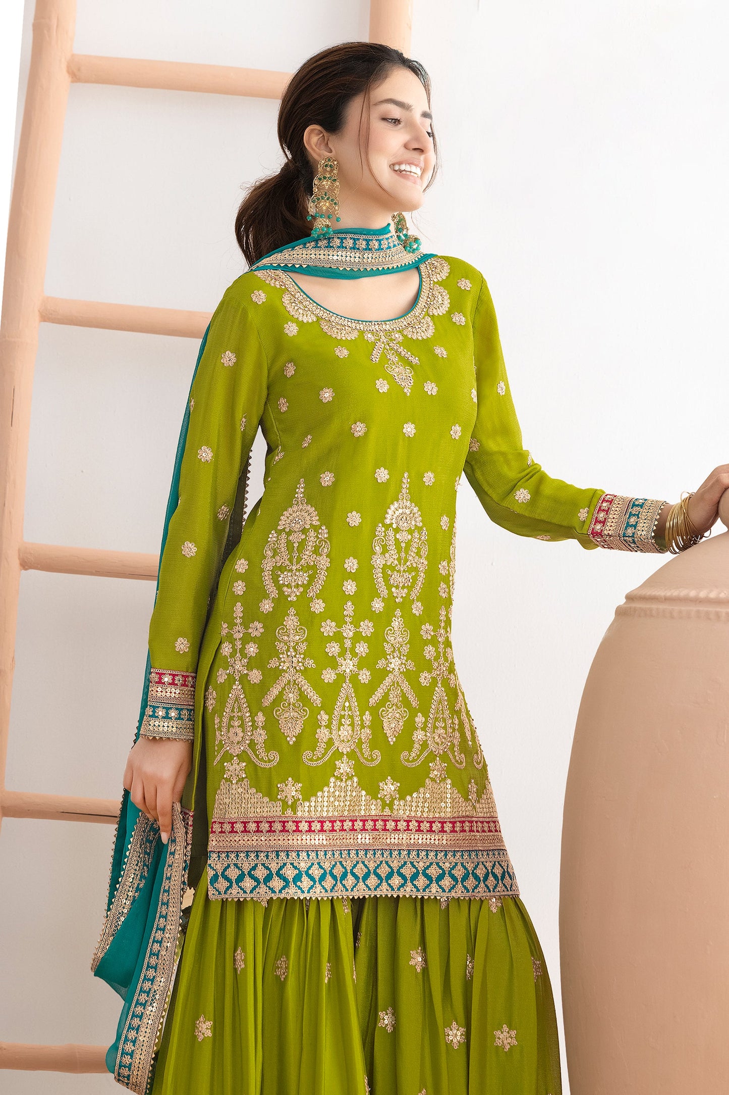 Green Readymade Embroidered Chinon Sharara Suit-SAR10814_3_SareeButa.com