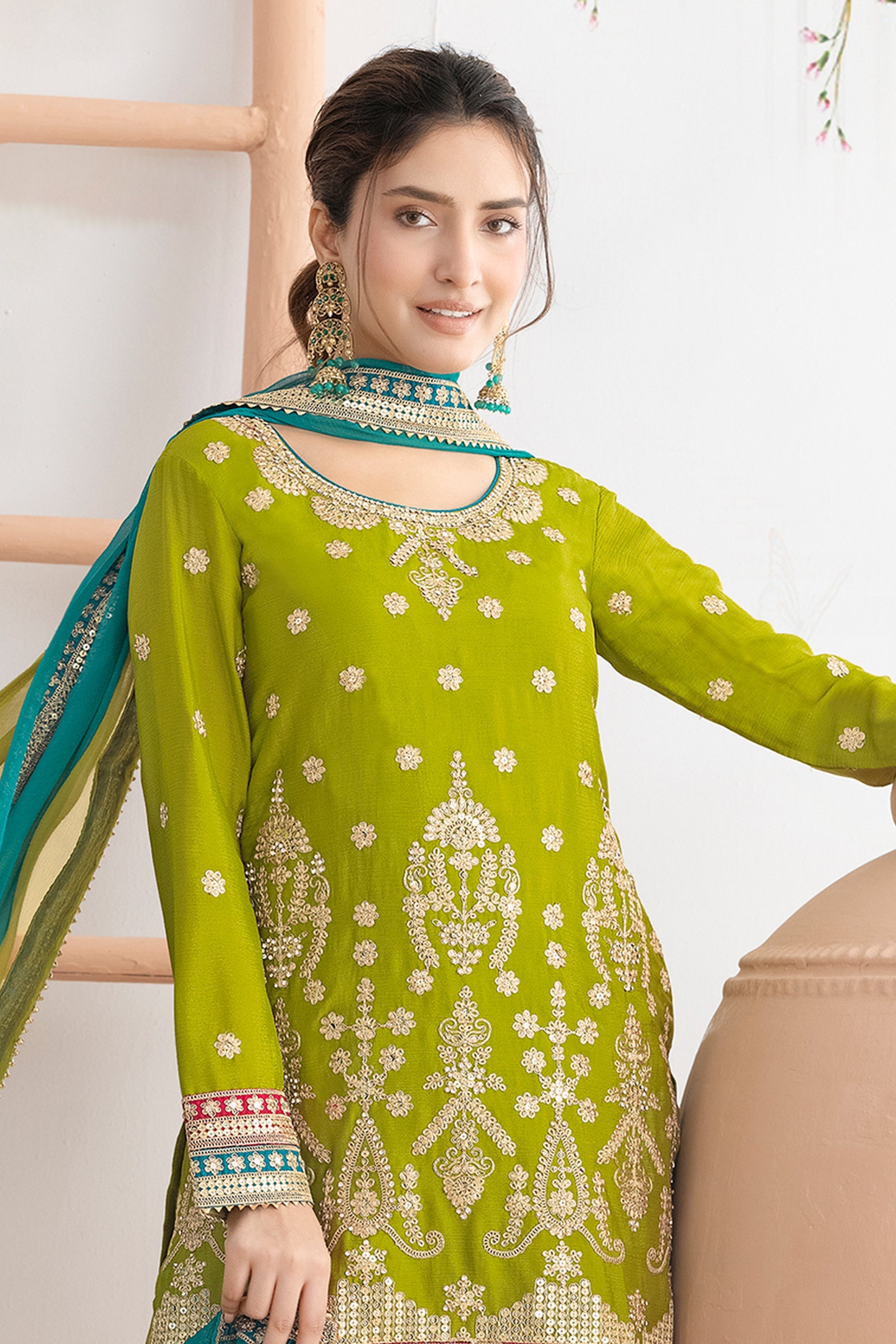 Green Readymade Embroidered Chinon Sharara Suit-SAR10814_4_SareeButa.com