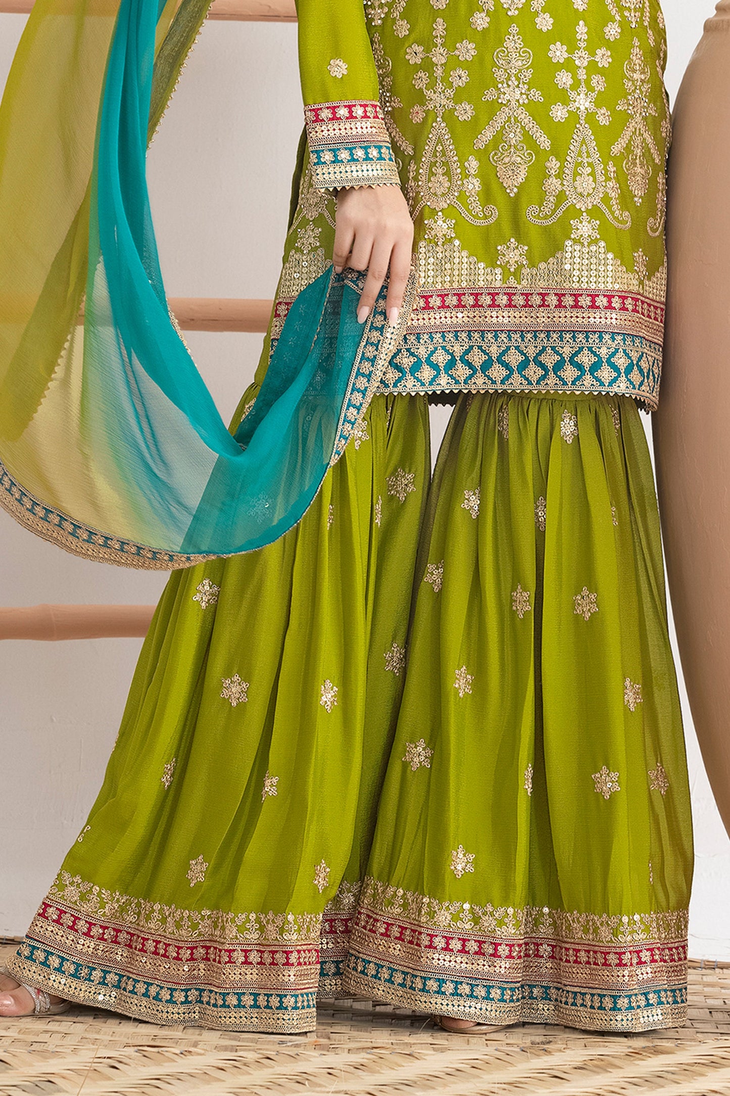 Green Readymade Embroidered Chinon Sharara Suit-SAR10814_5_SareeButa.com