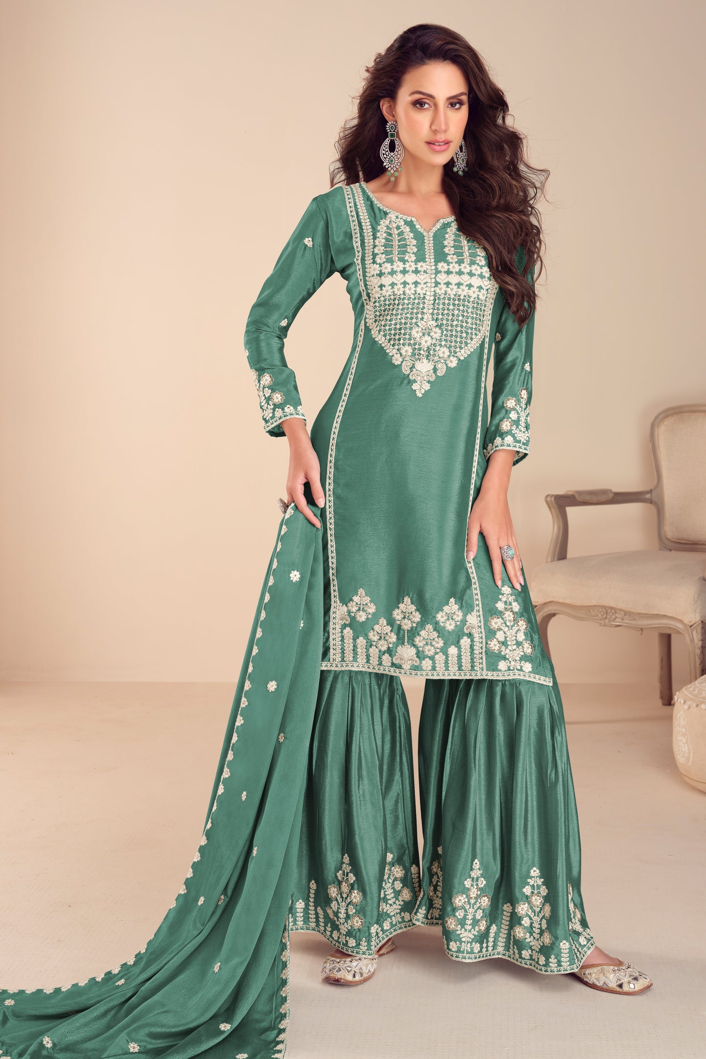 Green Readymade Embroidered Chinon Sharara Suit-SAR12184_1_SareeButa.com