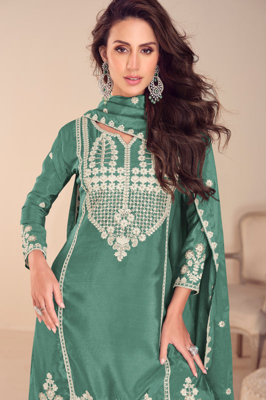 Green Readymade Embroidered Chinon Sharara Suit-SAR12184_2_SareeButa.com