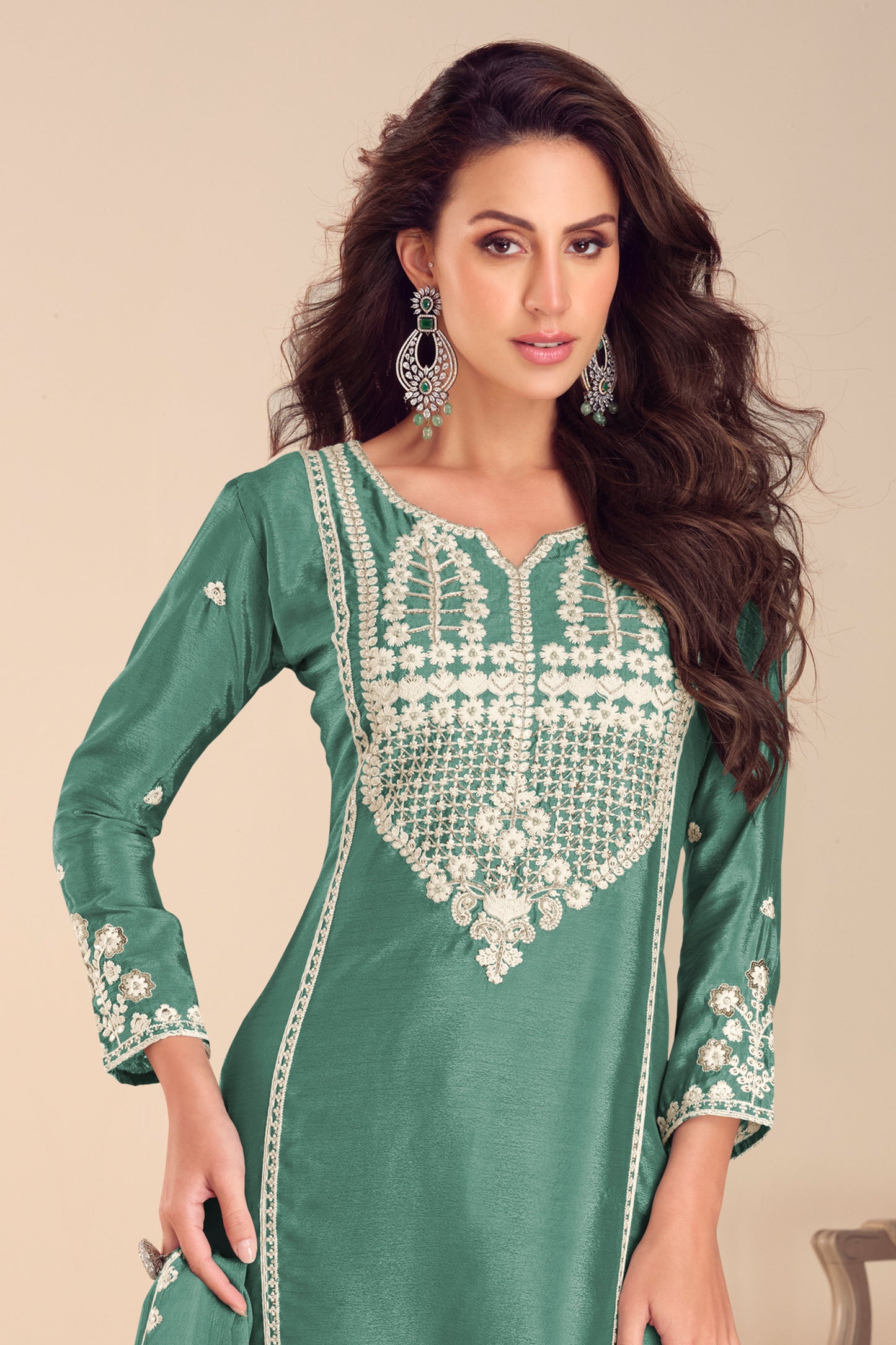 Green Readymade Embroidered Chinon Sharara Suit-SAR12184_3_SareeButa.com