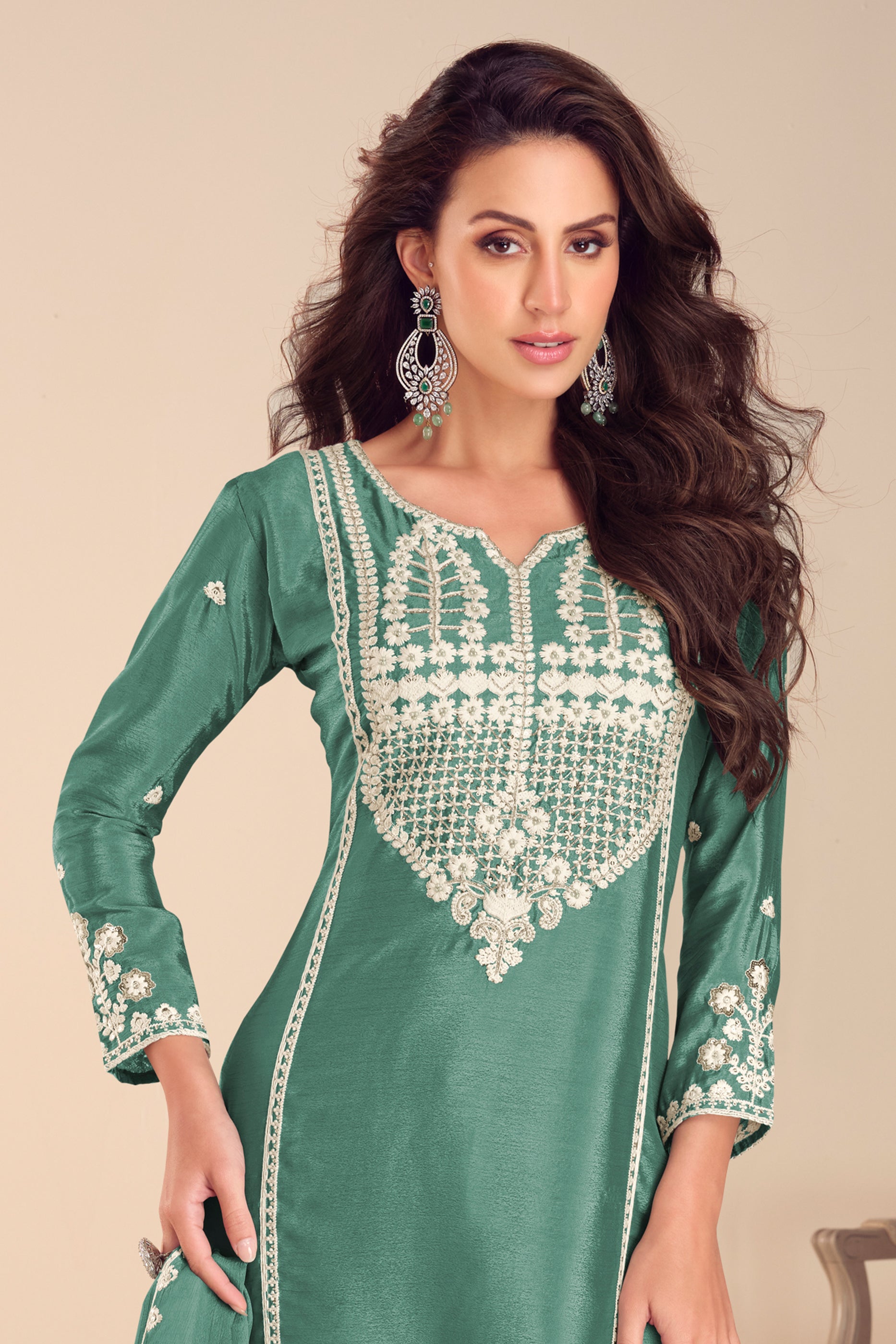 Green Readymade Embroidered Chinon Sharara Suit-SAR12184_3_SareeButa.com